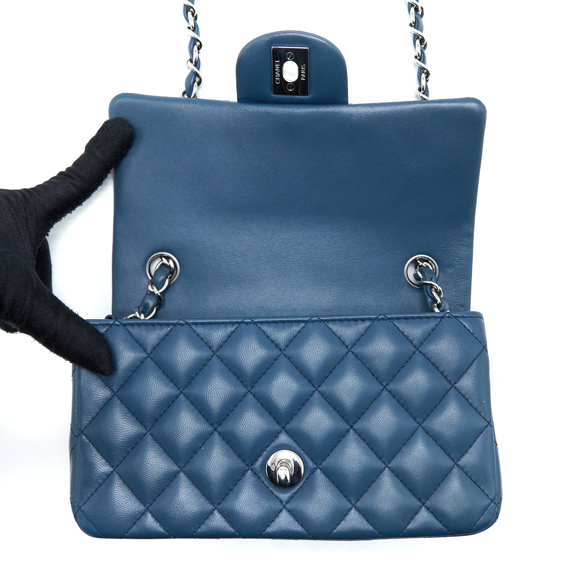 CHANEL MINI RECTANGULAR FLAP BAG LAMBSKIN BLUE SHW