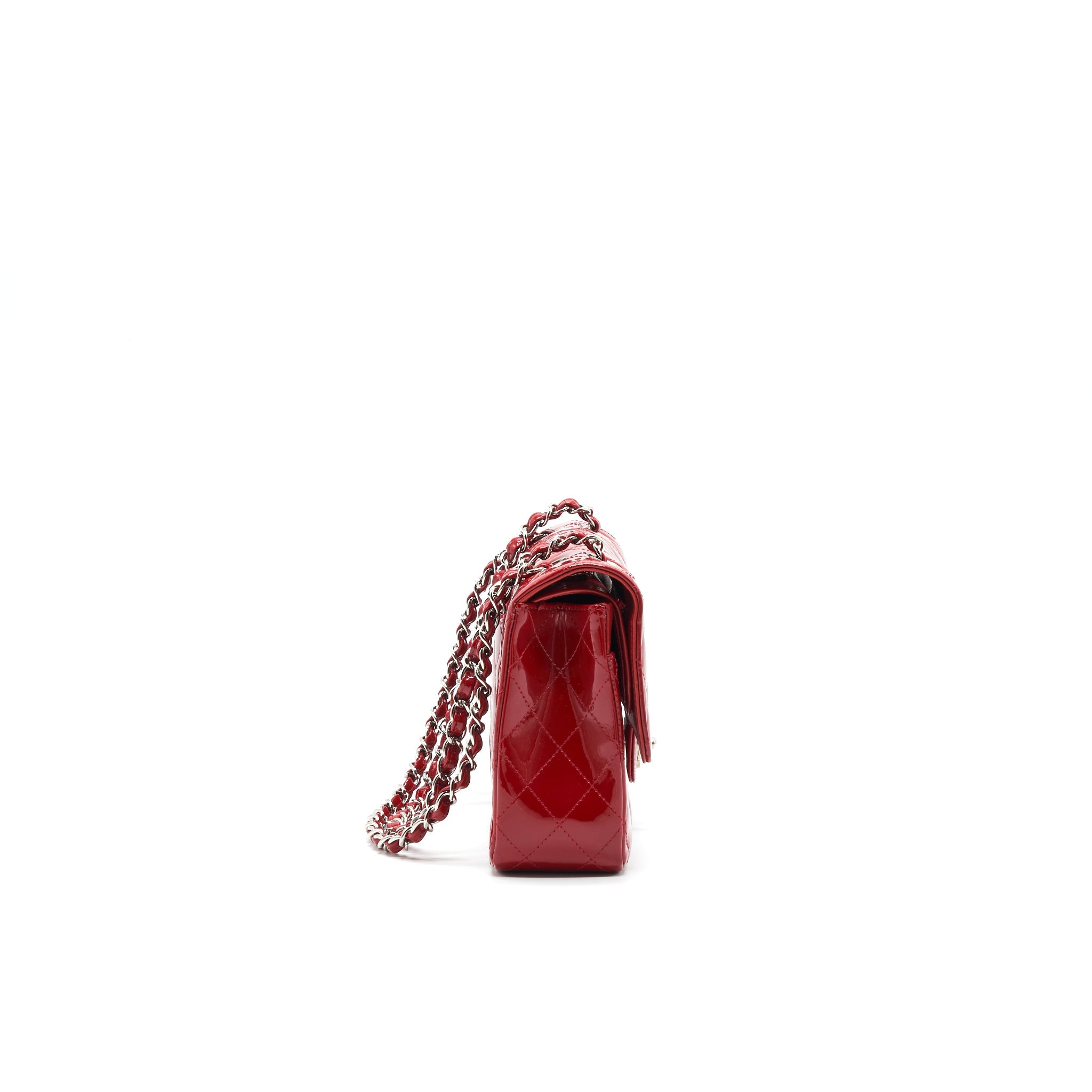 CHANEL MEDIUM CLASSIC DOUBLE FLAP BAG PATENT LEATHER RED SHW