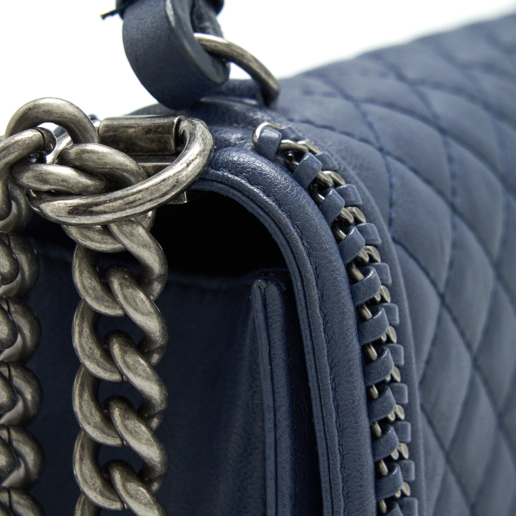 CHANEL BOY BAG WITH TOP HANDLE NAVY RUTHENIUM SLIVER HARDWARE