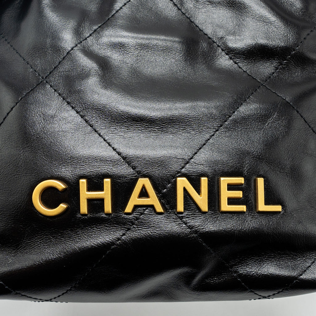 CHANEL MINI 22 BAG SHINY CALFSKIN BLACK BRUSHED GHW (MICROCHIP)