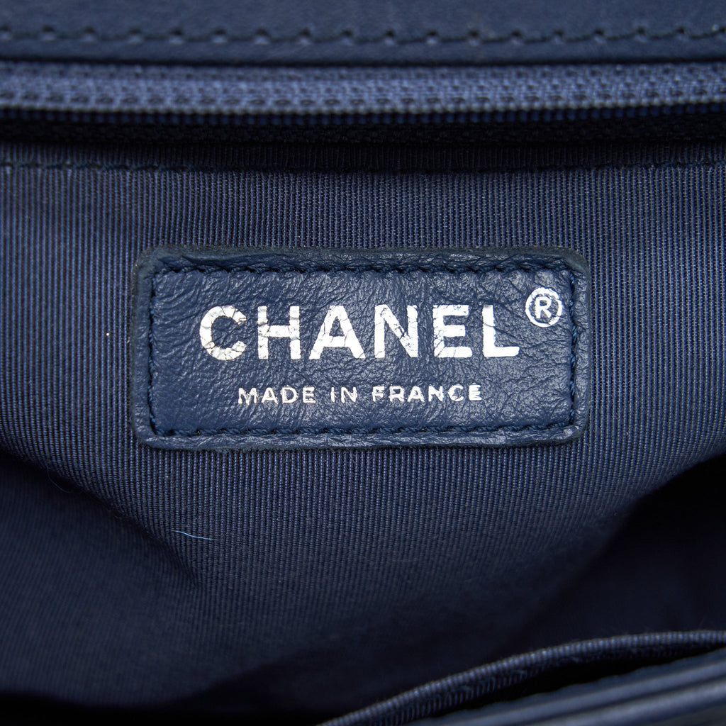 CHANEL BOY BAG WITH TOP HANDLE NAVY RUTHENIUM SLIVER HARDWARE
