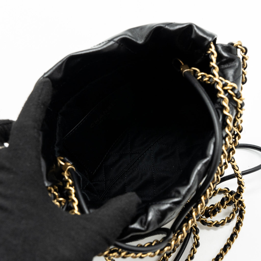 CHANEL MINI 22 BAG SHINY CALFSKIN BLACK BRUSHED GHW (MICROCHIP)