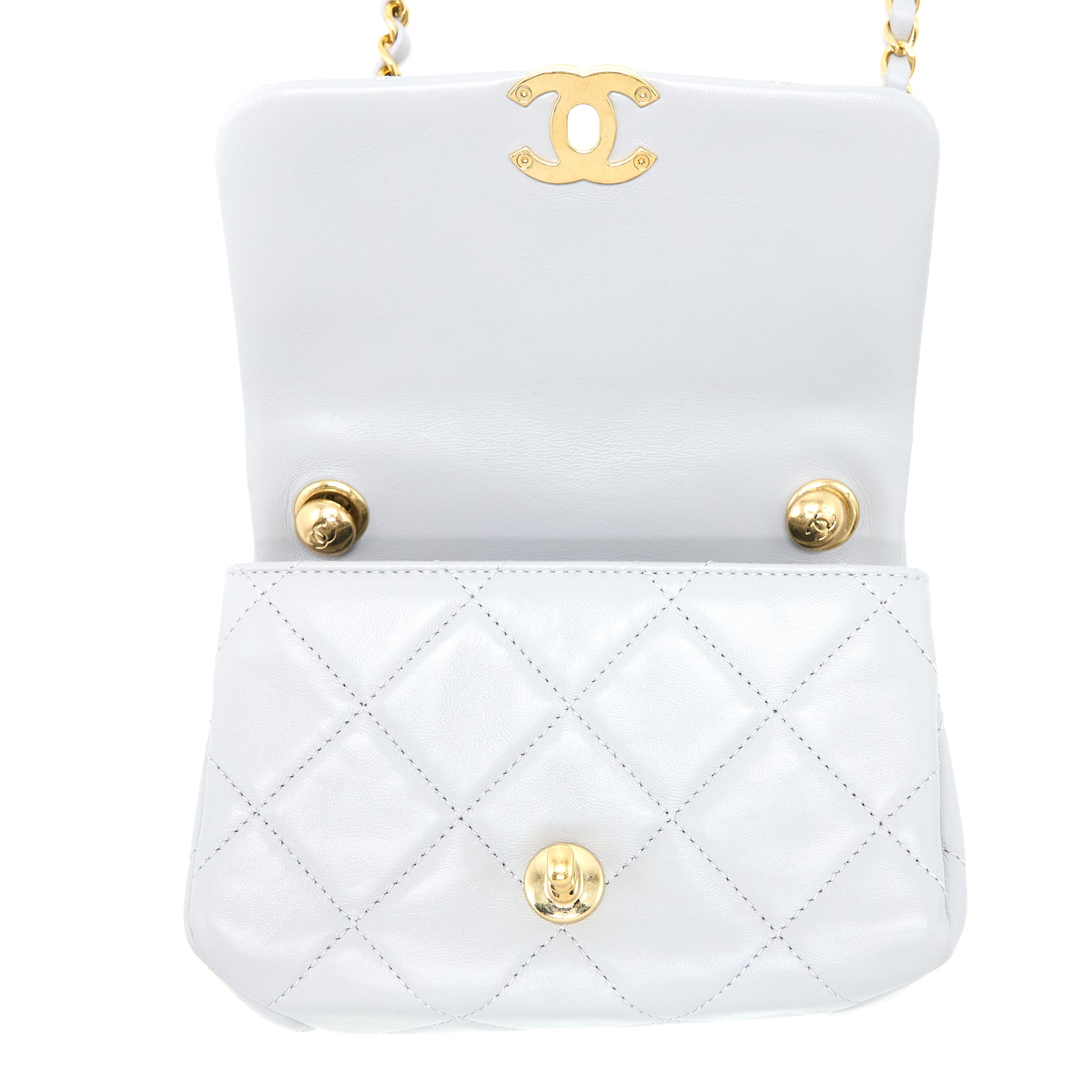CHANEL QUILTED MINI FLAP BAG LAMBSKIN LIGHT GREY GHW (MICROCHIP)