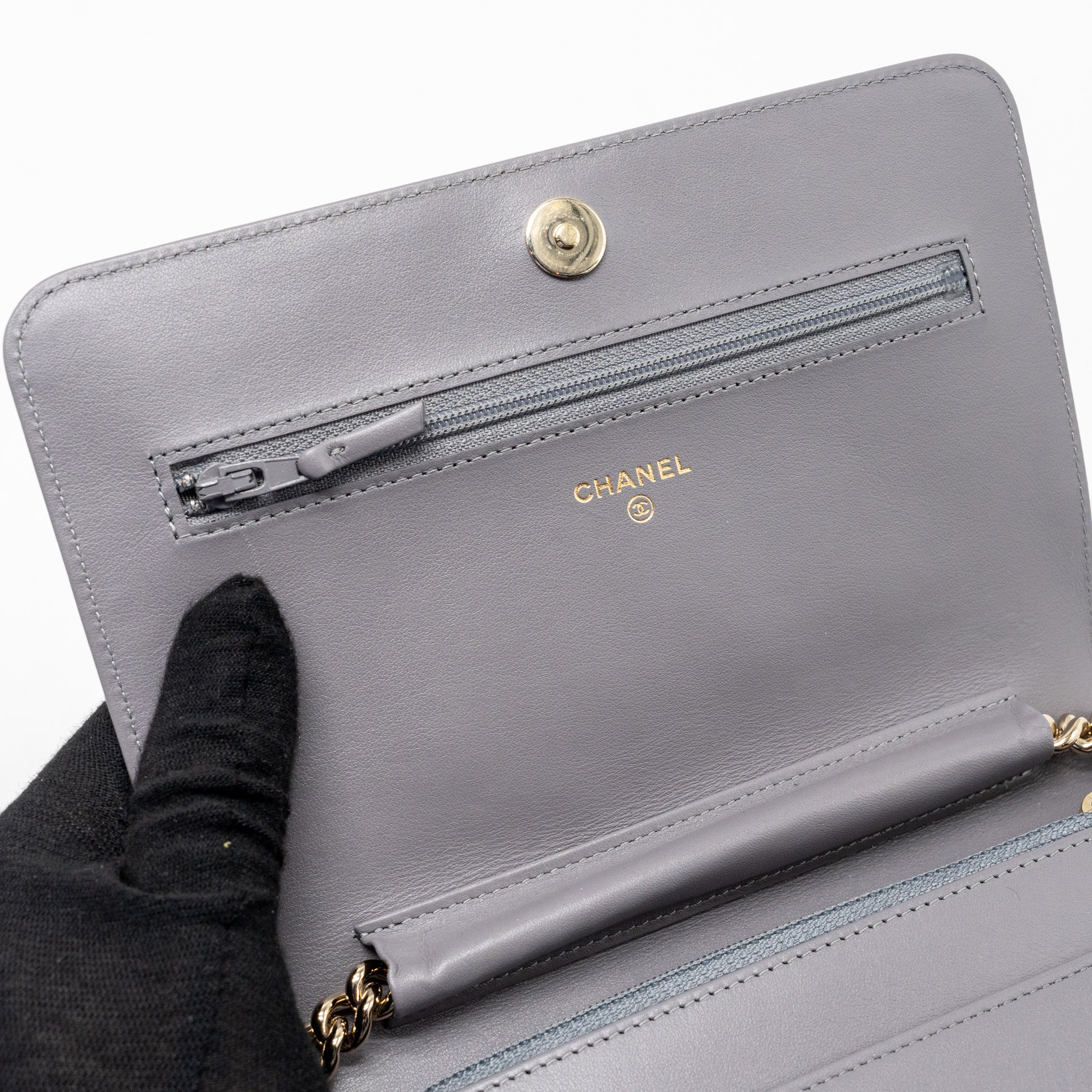 CHANEL BOY WALLET ON CHAIN CAVIAR GREY LGHW