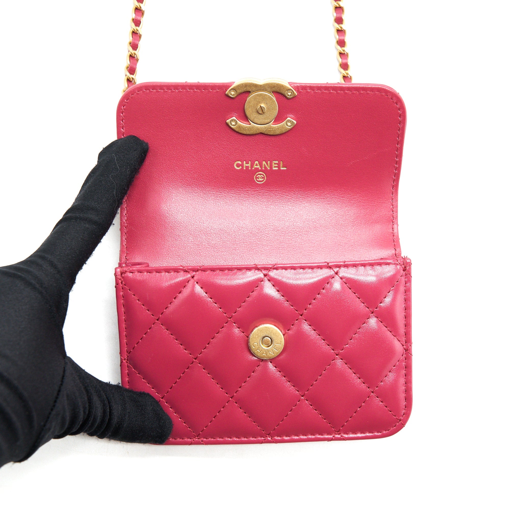 CHANEL 21A GOLD CRUSH MINI FLAP BAG WITH CHAIN CALFSKIN RASPBERRY PINK GHW