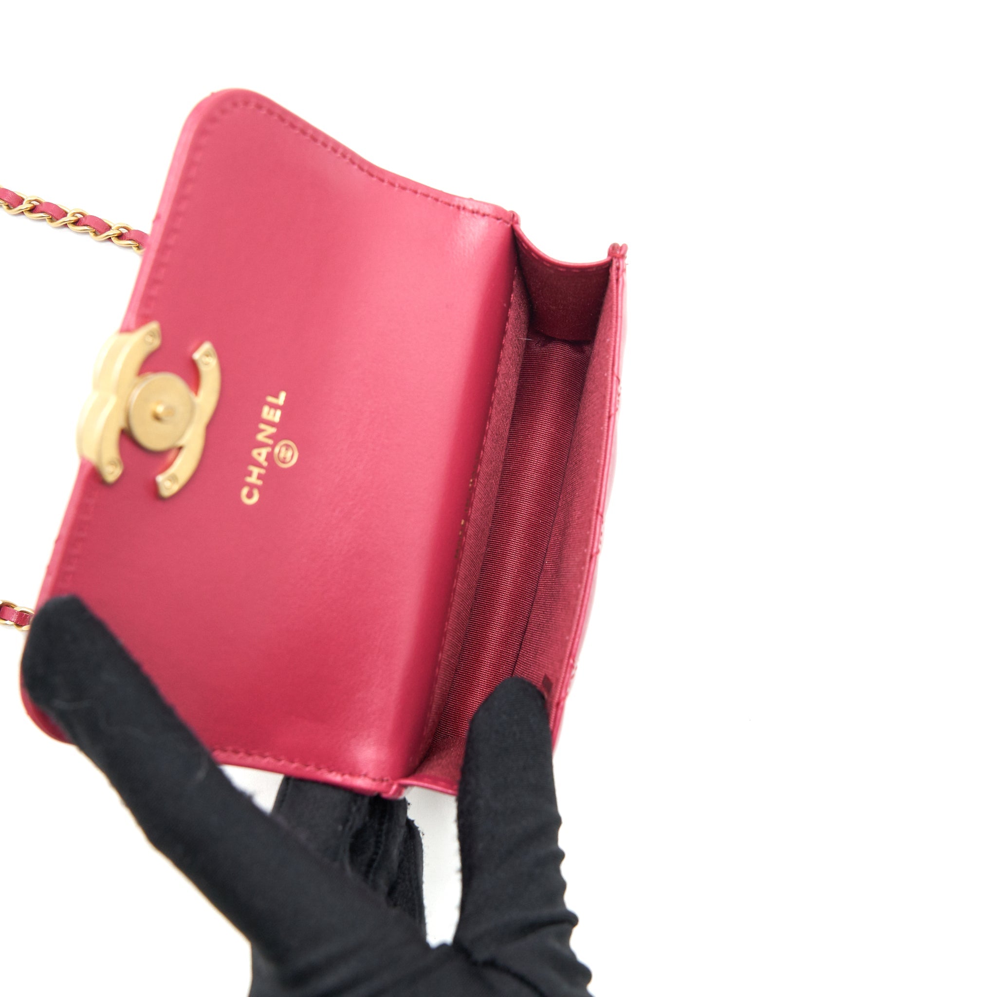 CHANEL 21A GOLD CRUSH MINI FLAP BAG WITH CHAIN CALFSKIN RASPBERRY PINK GHW