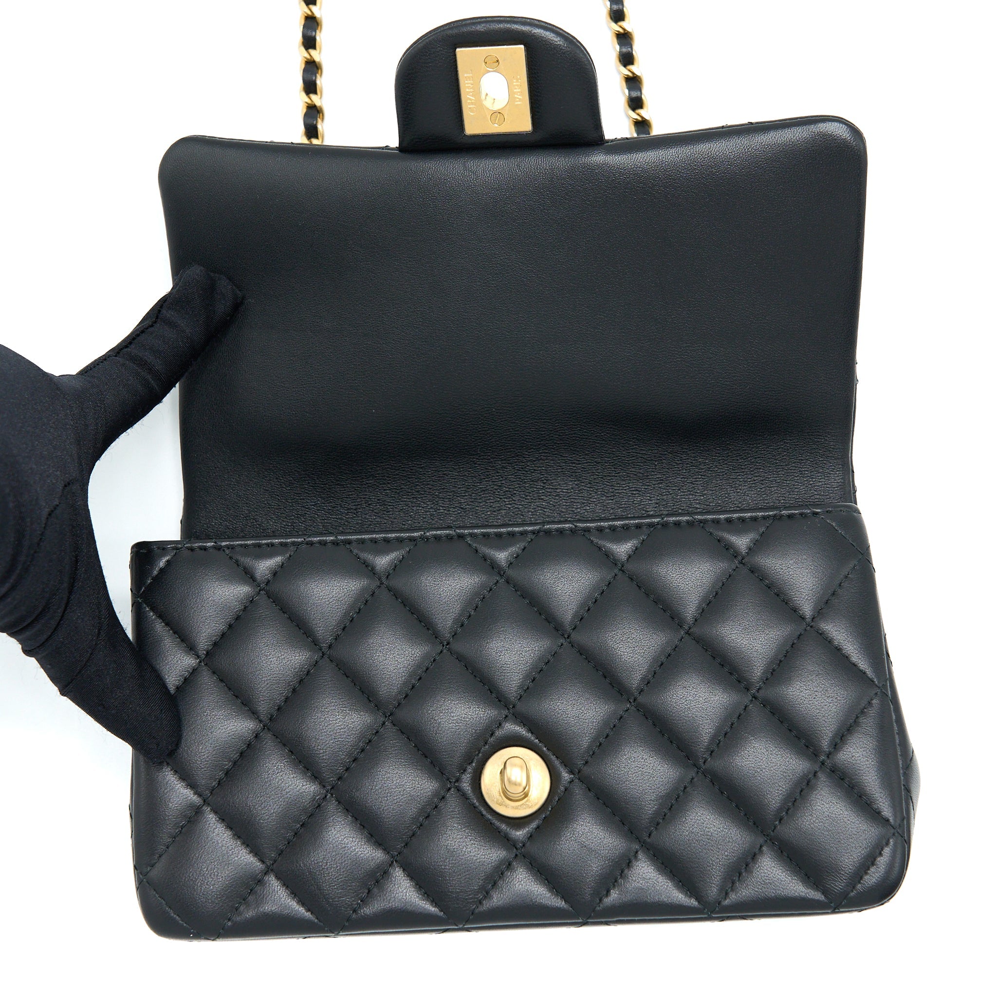 CHANEL 21K TOP HANDLE MINI RECTANGULAR FLAP BAG LAMBSKIN BLACK BRUSHED GHW(MICROCHIP)