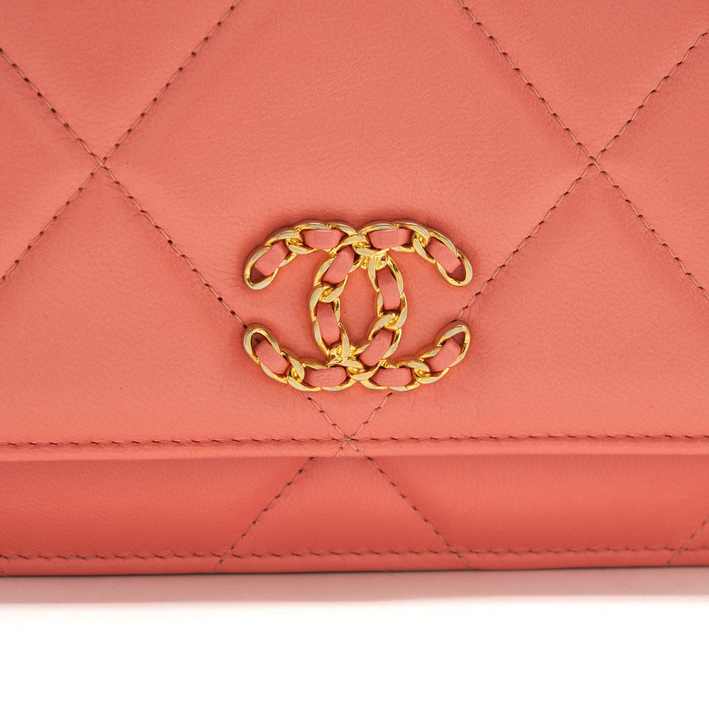 CHANEL 19 WALLET ON CHAIN GOATSKIN PINK WITH GOLD AND SILVER HARDWARE