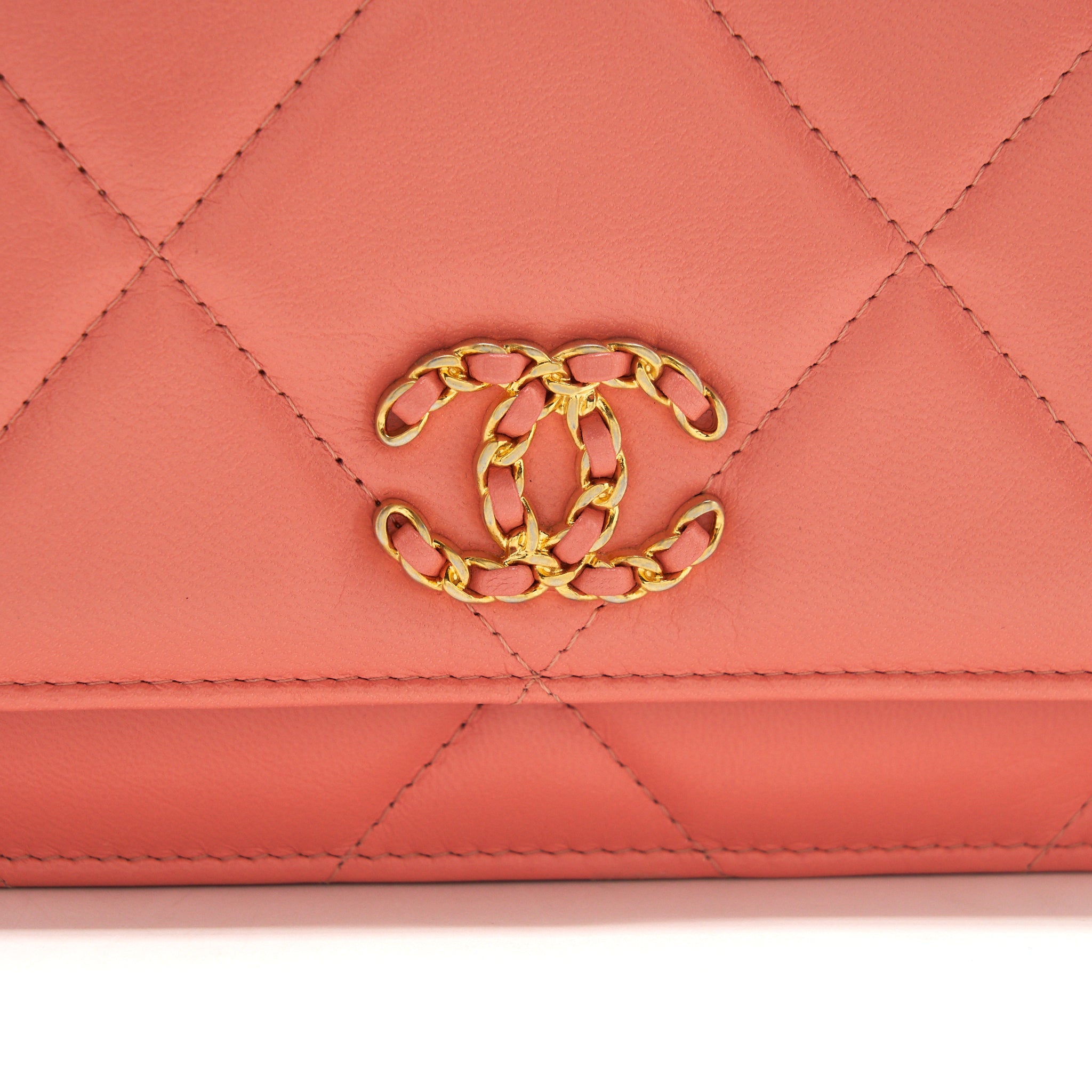 CHANEL 19 WALLET ON CHAIN GOATSKIN PINK WITH GOLD AND SILVER HARDWARE