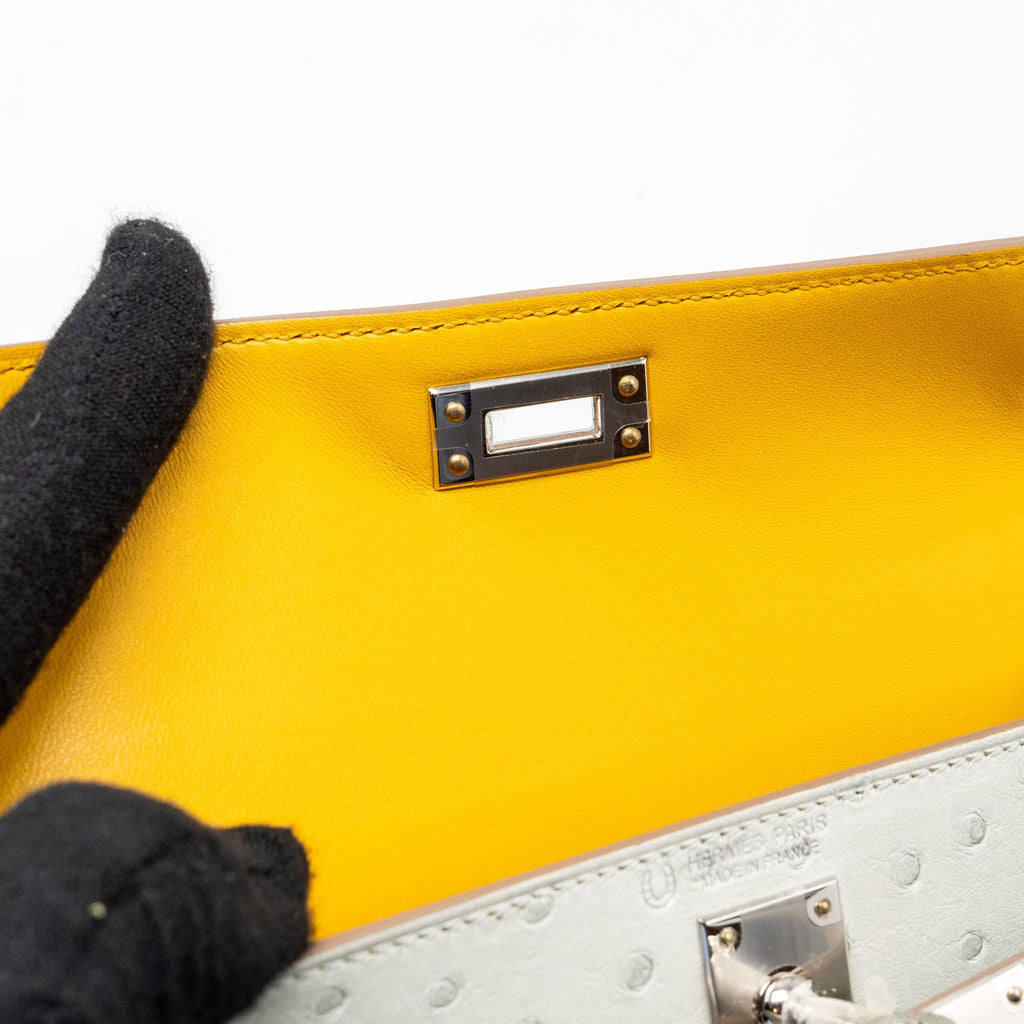 HERMES MINI KELLY II SPECIAL ORDER OSTRICH GRIS PERLE/JAUNE AMBER SHW
