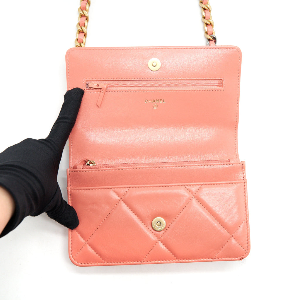 CHANEL 19 WALLET ON CHAIN GOATSKIN PINK WITH GOLD AND SILVER HARDWARE