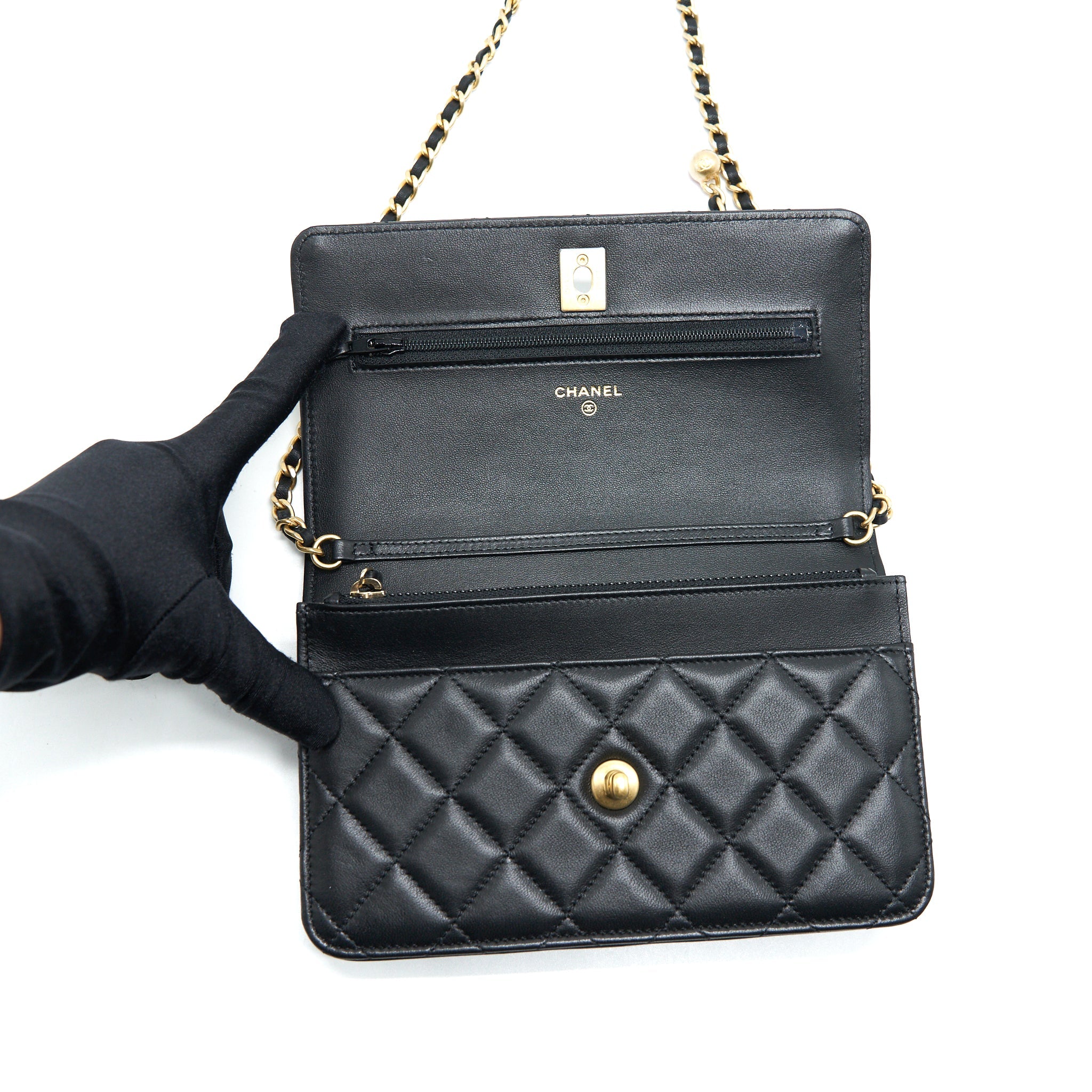 CHANEL PEARL CRUSH WALLET ON CHAIN BLACK GHW (MICRICHIP)