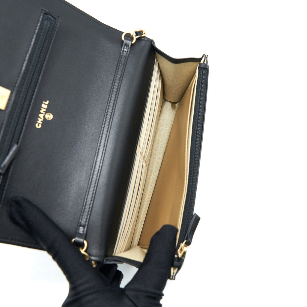 CHANEL PEARL CRUSH WALLET ON CHAIN LAMBSKIN BLACK GHW
