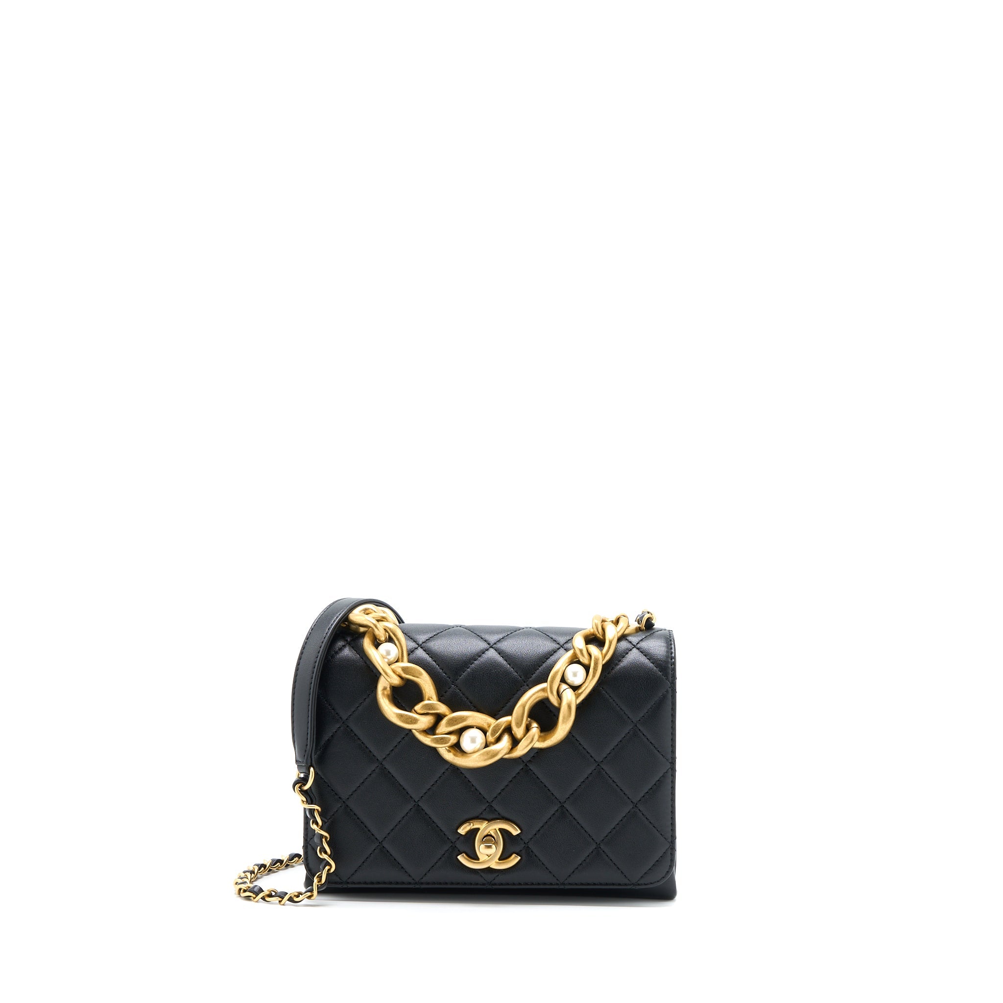 CHANEL SEASONAL FLAP BAG GIANT CHAIN HANDLE WITH PEARL CALFSKIN BLACK BRUSH GHW (MICROCHIP)