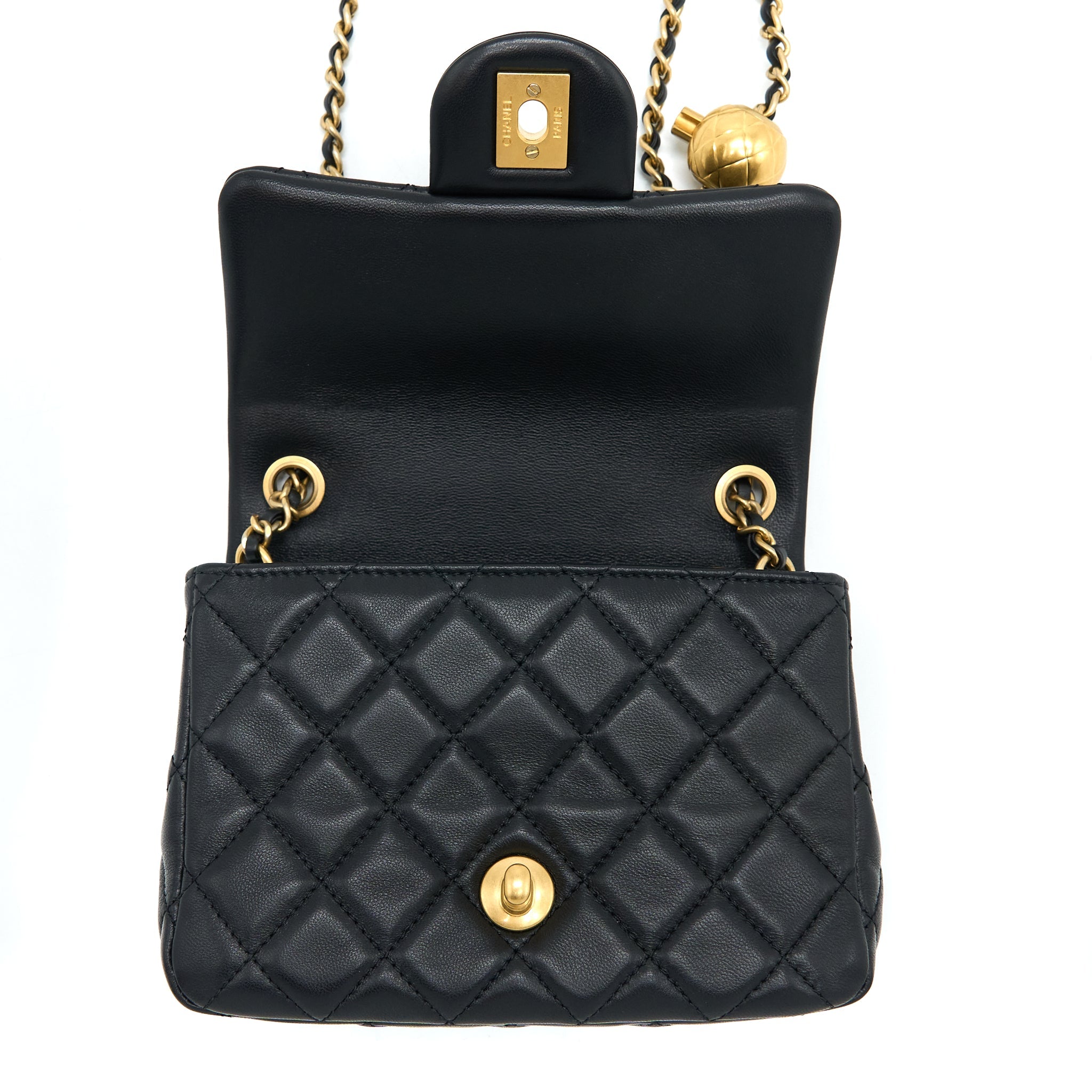 CHANEL PEARL CRUSH MINI SQUARE FLAP BAG LAMBSKIN BLACK GHW (MICROCHIP)