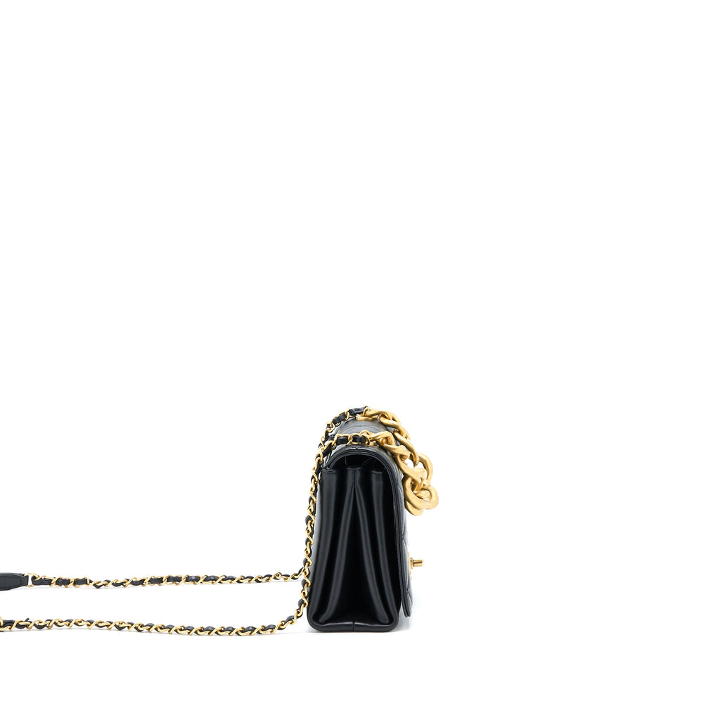 CHANEL SEASONAL FLAP BAG GIANT CHAIN HANDLE WITH PEARL CALFSKIN BLACK BRUSH GHW (MICROCHIP)