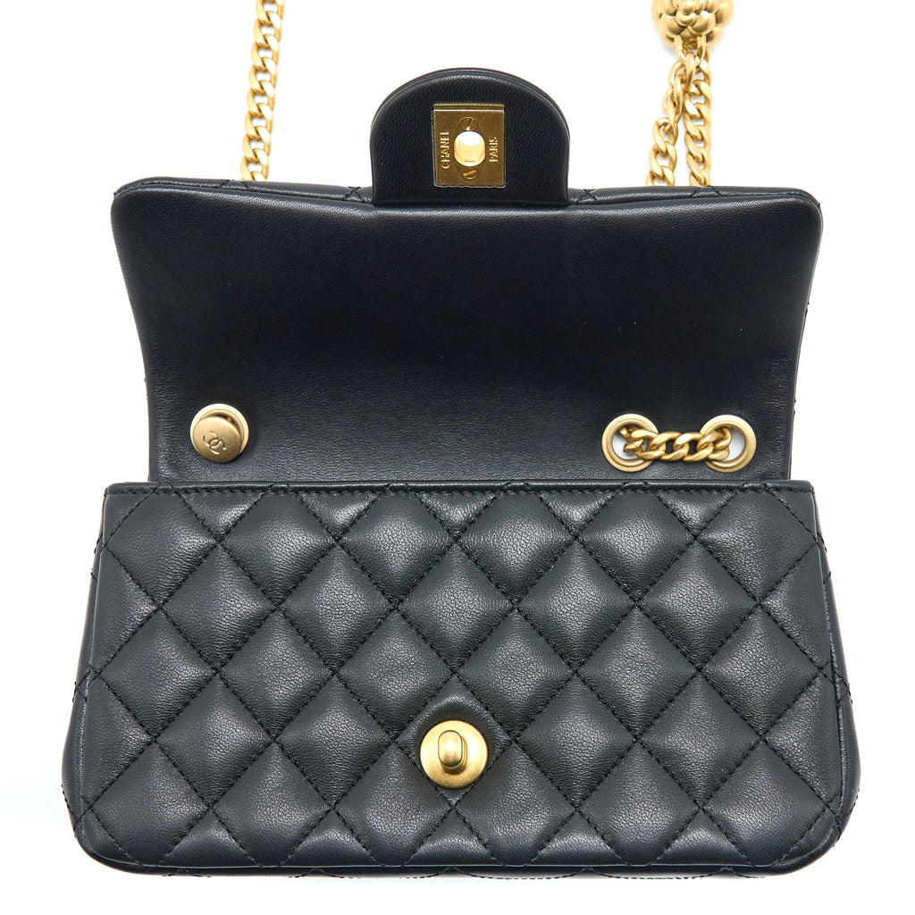 CHANEL 23S CAMELLIA CHAIN MINI RECTANGULAR LAMBSKIN BLACK BRUSHED GHW (MICROCHIP)