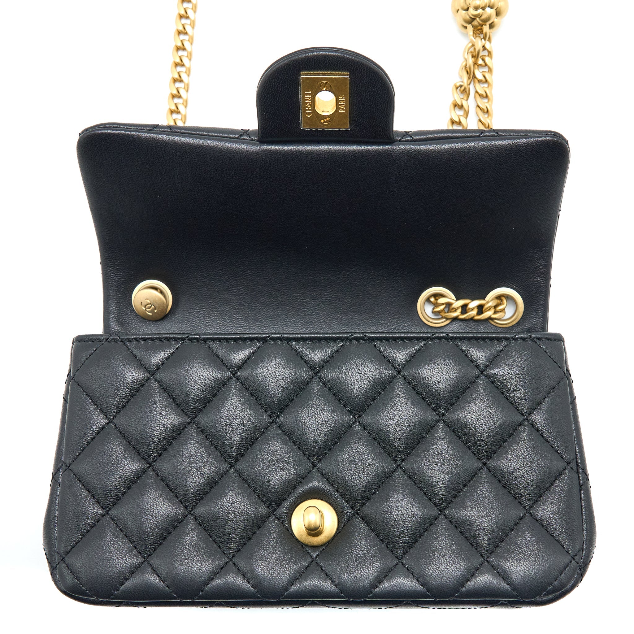 CHANEL 23S CAMELLIA CHAIN MINI RECTANGULAR LAMBSKIN BLACK BRUSHED GHW (MICROCHIP)