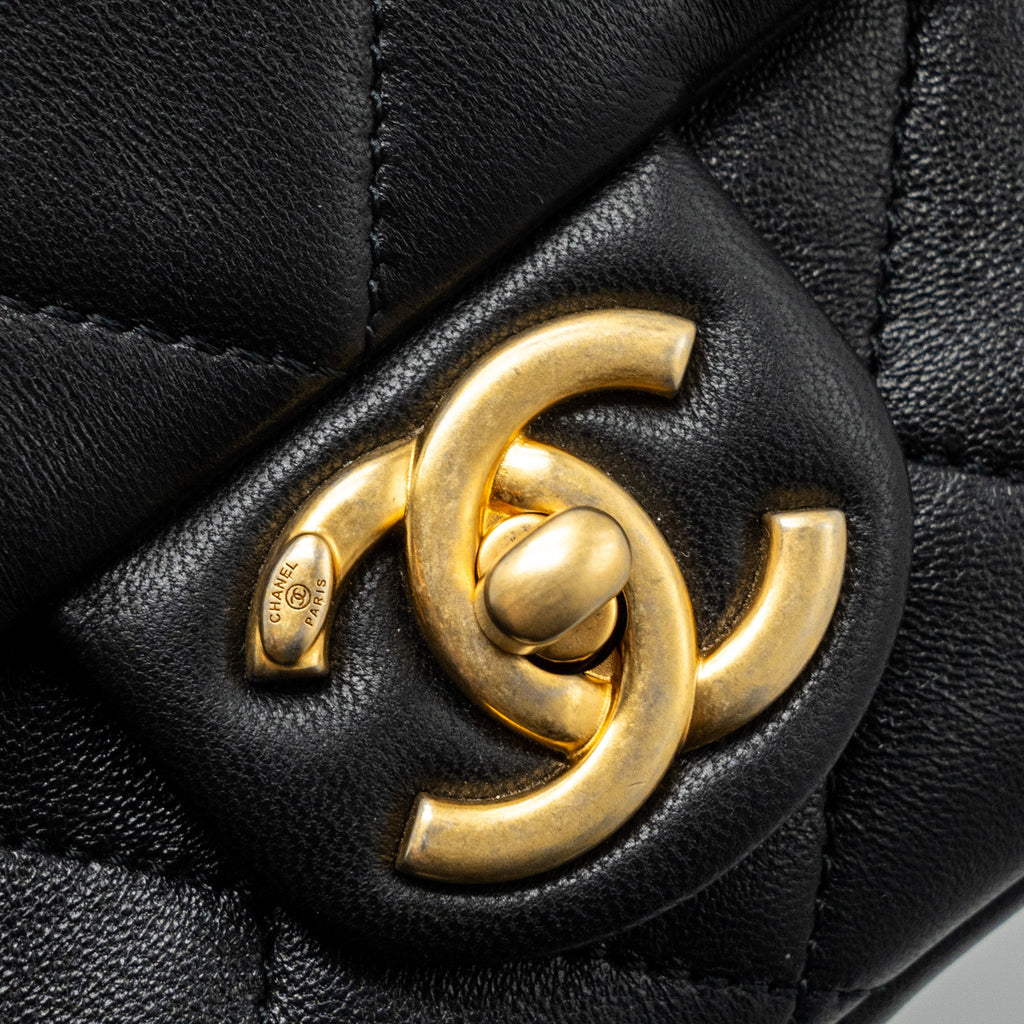 CHANEL CIRCULAR HANDLE QUILTED FLAP BAG LAMBSKIN BLACK BRUSHED GHW