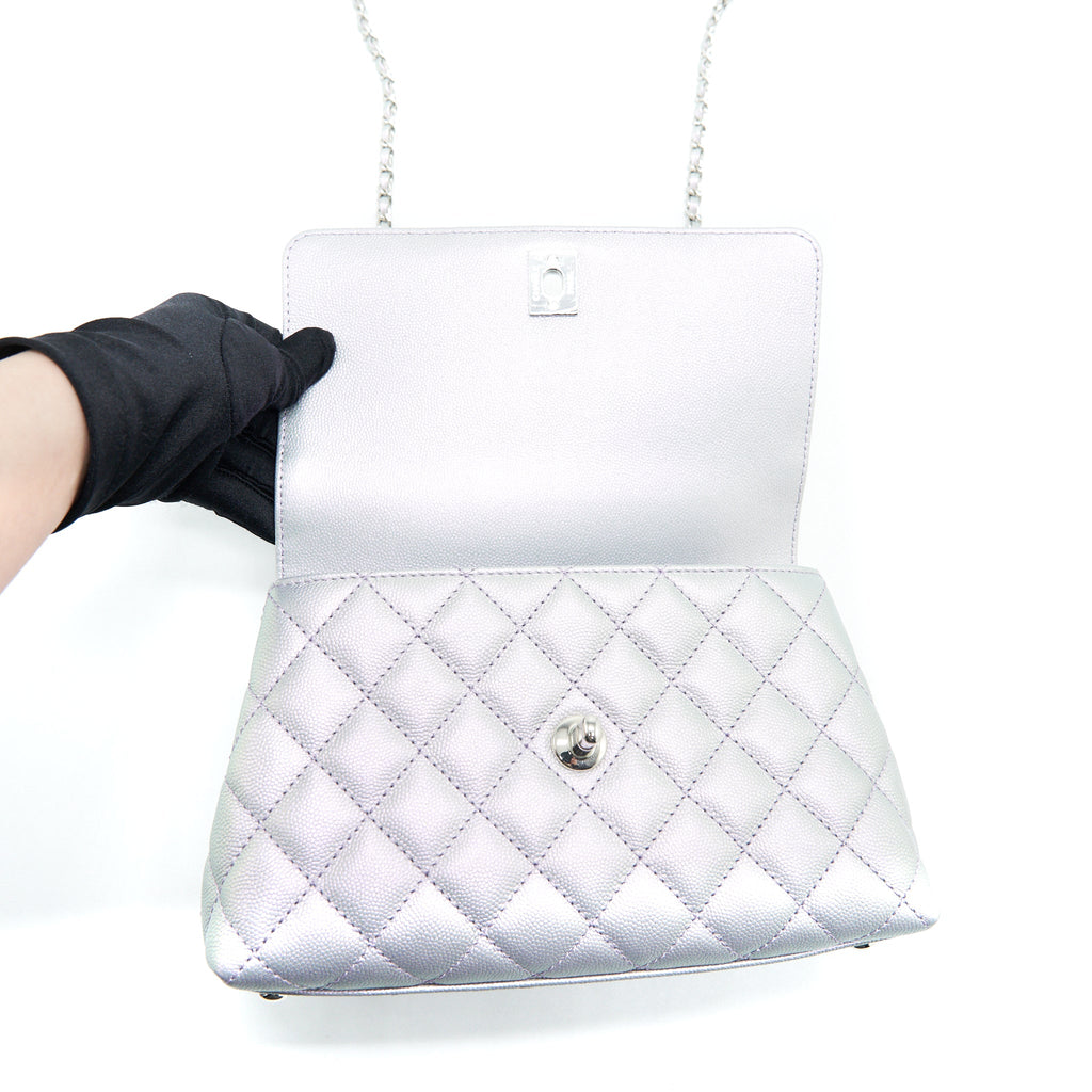 CHANEL 21K SMALL COCO HANDLE 24CM CAVIAR IRIDESCENT LILAC RAINBOW HARDWARE (MICROCHIP)