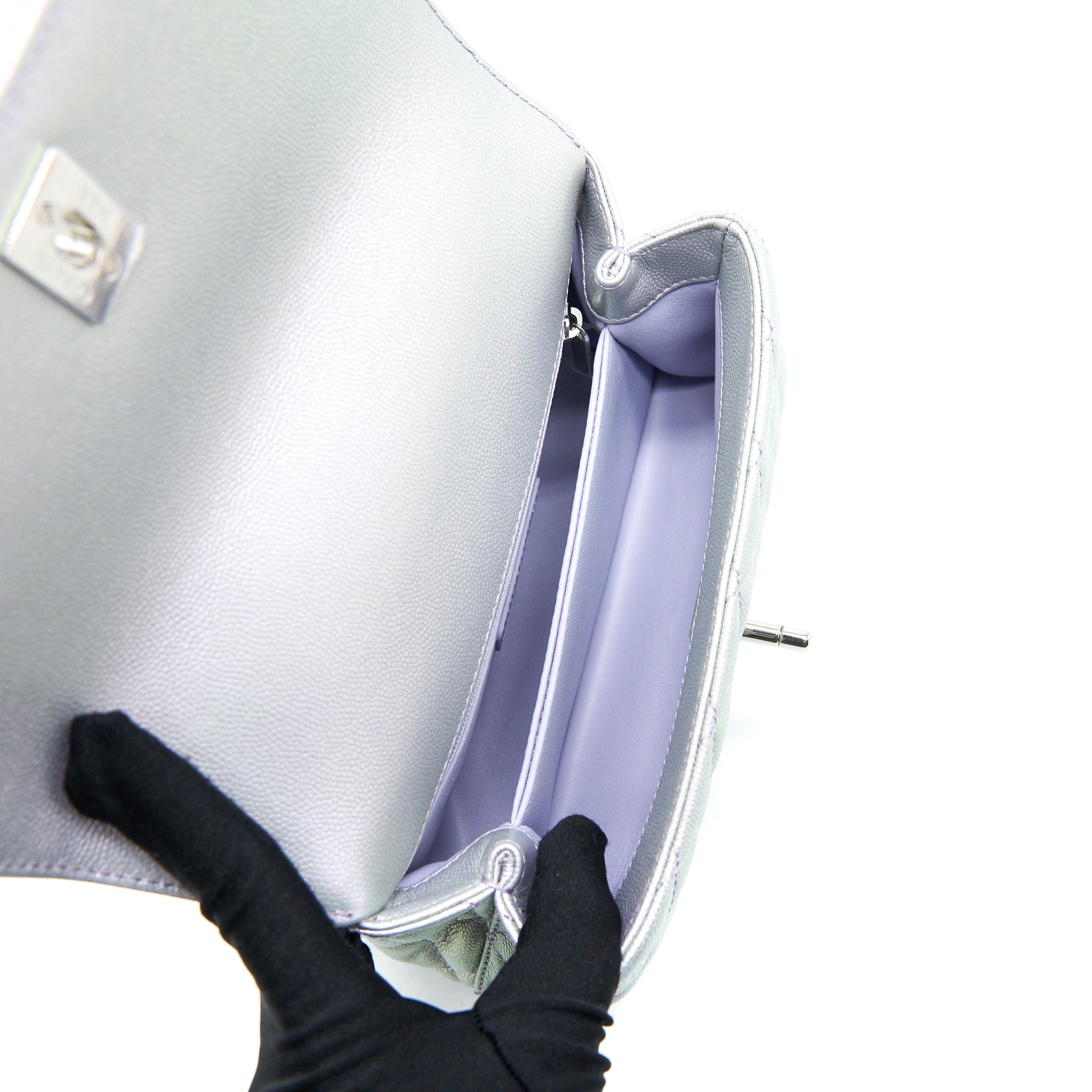 CHANEL 21K SMALL COCO HANDLE 24CM CAVIAR IRIDESCENT LILAC RAINBOW HARDWARE (MICROCHIP)