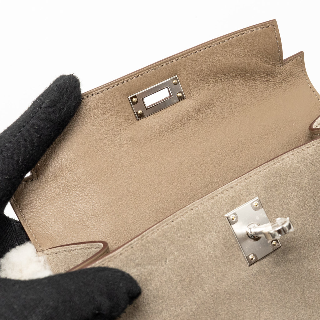 HERMES MINI KELLY PLUCH GRIZZLY/SWIFT/MOUTON MERINOS GRIS CAILLOU/ECRU/ETOUPE SHW