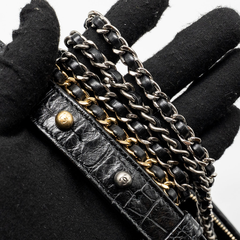 CHANEL SMALL GABRIELLE HOBO BAG WITH TOP HANDLE CROC-EMBOSSED CALFSKIN BLACK MULTICOLOURED HARDWARE