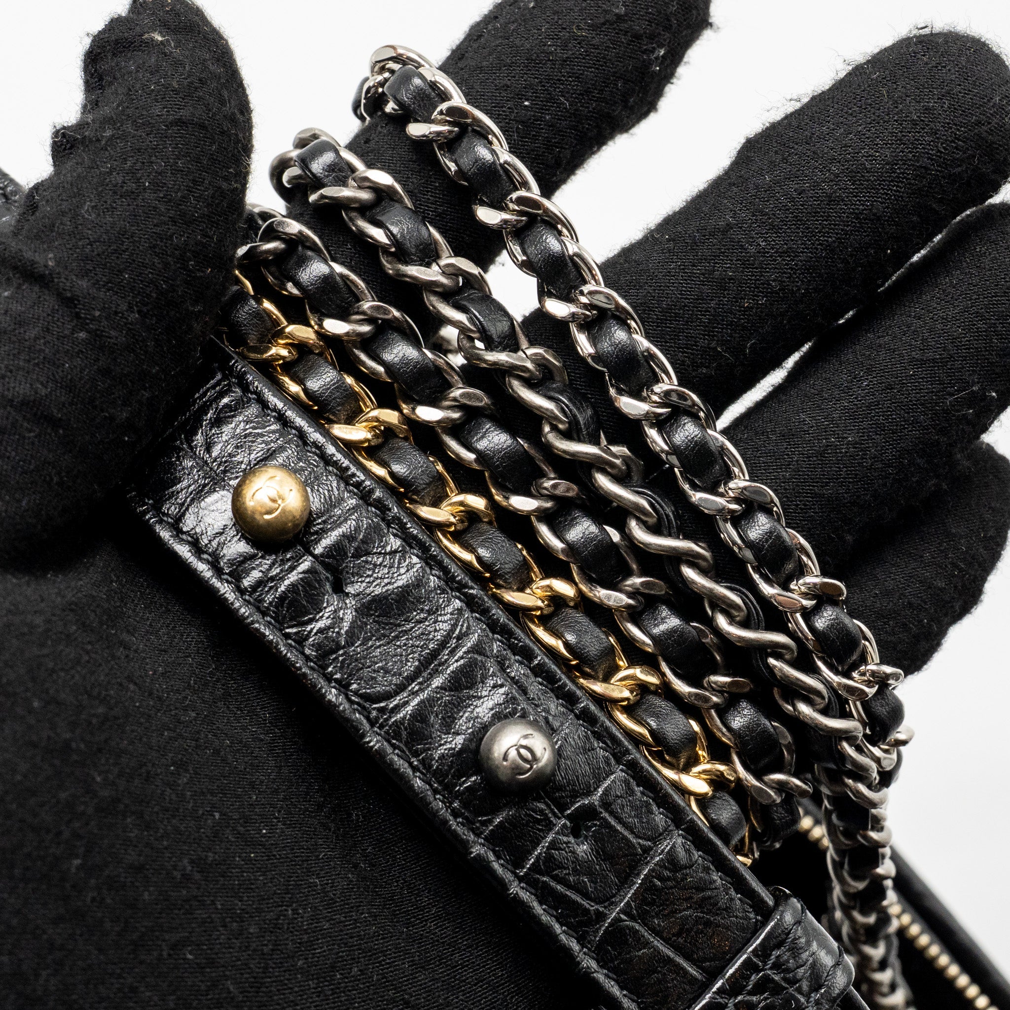 CHANEL SMALL GABRIELLE HOBO BAG WITH TOP HANDLE CROC-EMBOSSED CALFSKIN BLACK MULTICOLOURED HARDWARE