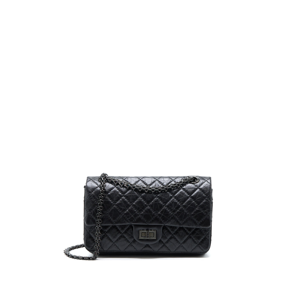CHANEL SMALL 2.55 REISSUE FLAP BAG AGED CALFSKIN SO BLACK WITH BLACK HARDWARE (MICROCHIP)