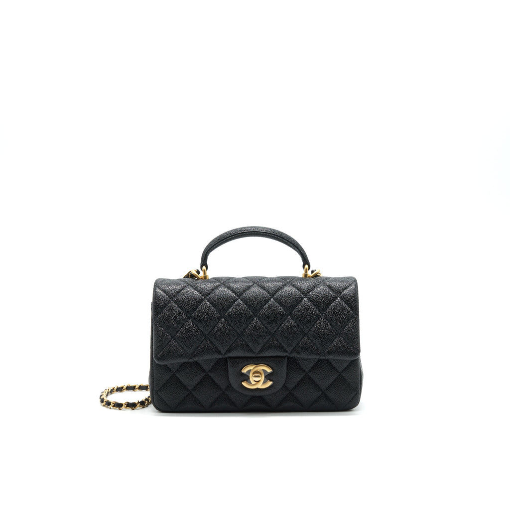 CHANEL RECTANGULAR MINI TOP HANDLE FLAP BAG GRANIED CALFSKIN BLACK GHW
