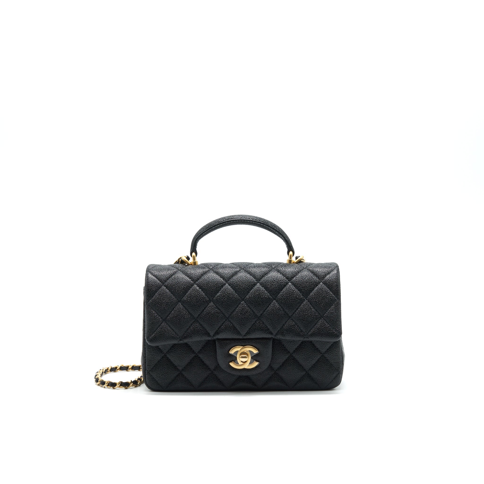 CHANEL RECTANGULAR MINI TOP HANDLE FLAP BAG GRANIED CALFSKIN BLACK GHW