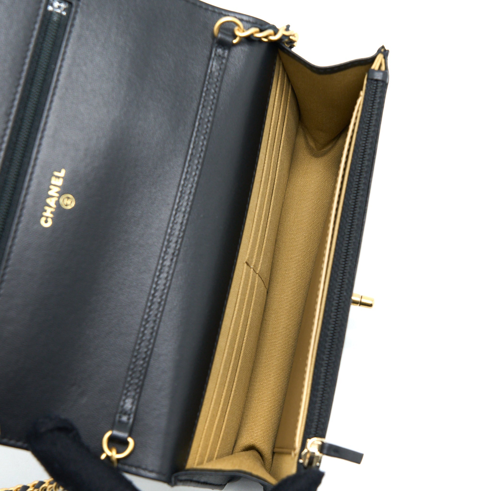 CHANEL PEARL CRUSH WALLET ON CHAIN LAMBSKIN BLACK BRUSHED GHW (MICROCHIP)