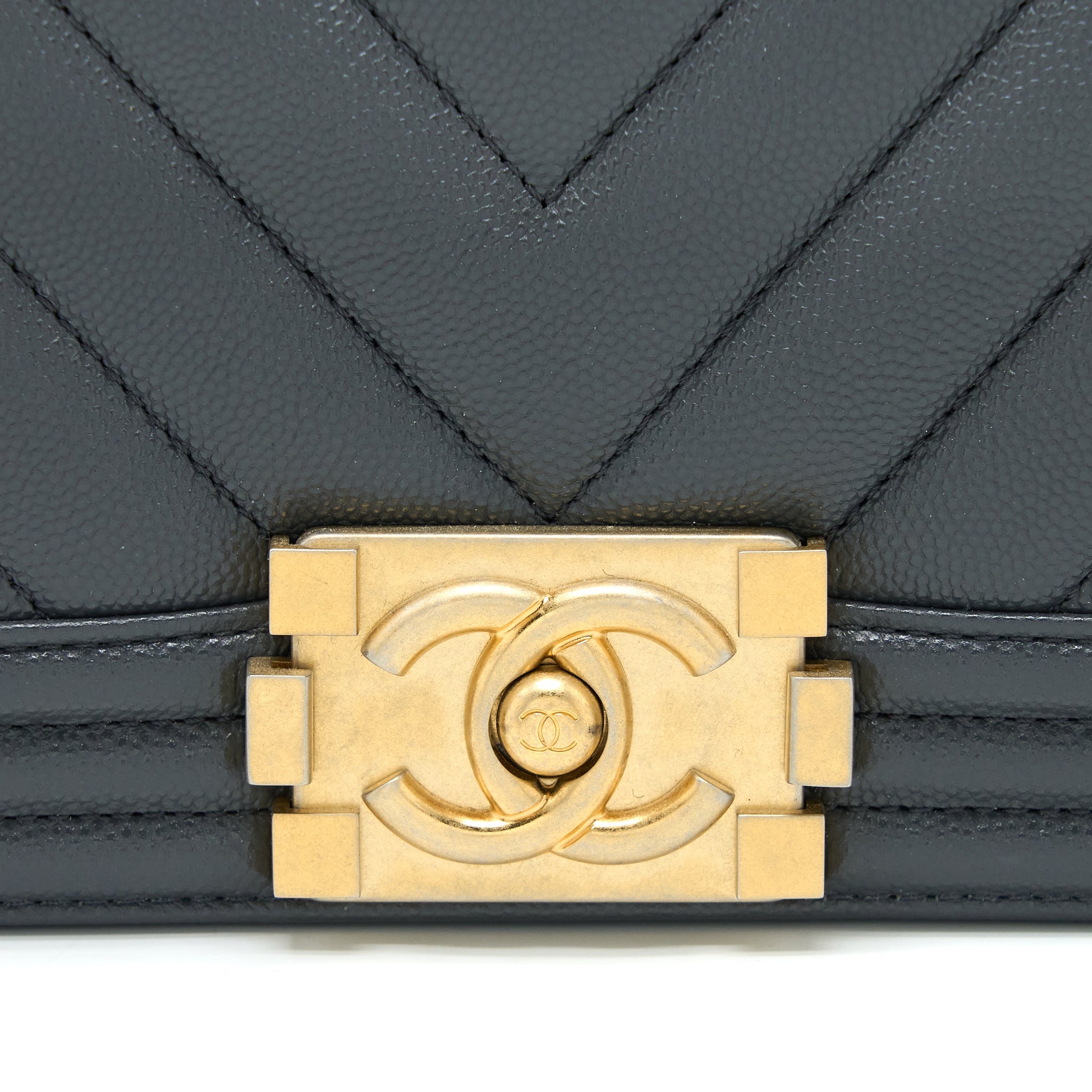 CHANEL SMALL BOY BAG CHEVRON CAVIAR DARK GREY BRUSHED GHW (MICROCHIP)