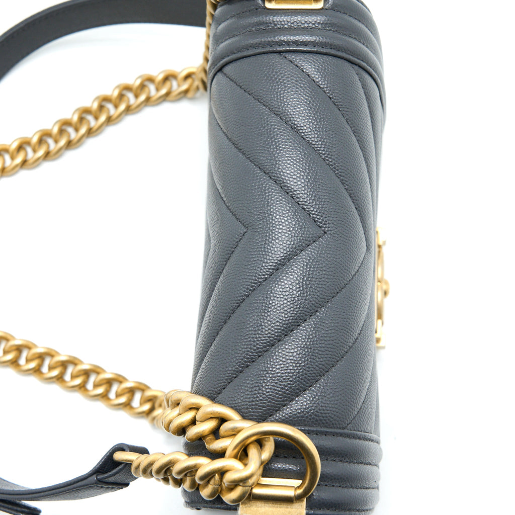 CHANEL SMALL BOY BAG CHEVRON CAVIAR DARK GREY BRUSHED GHW (MICROCHIP)