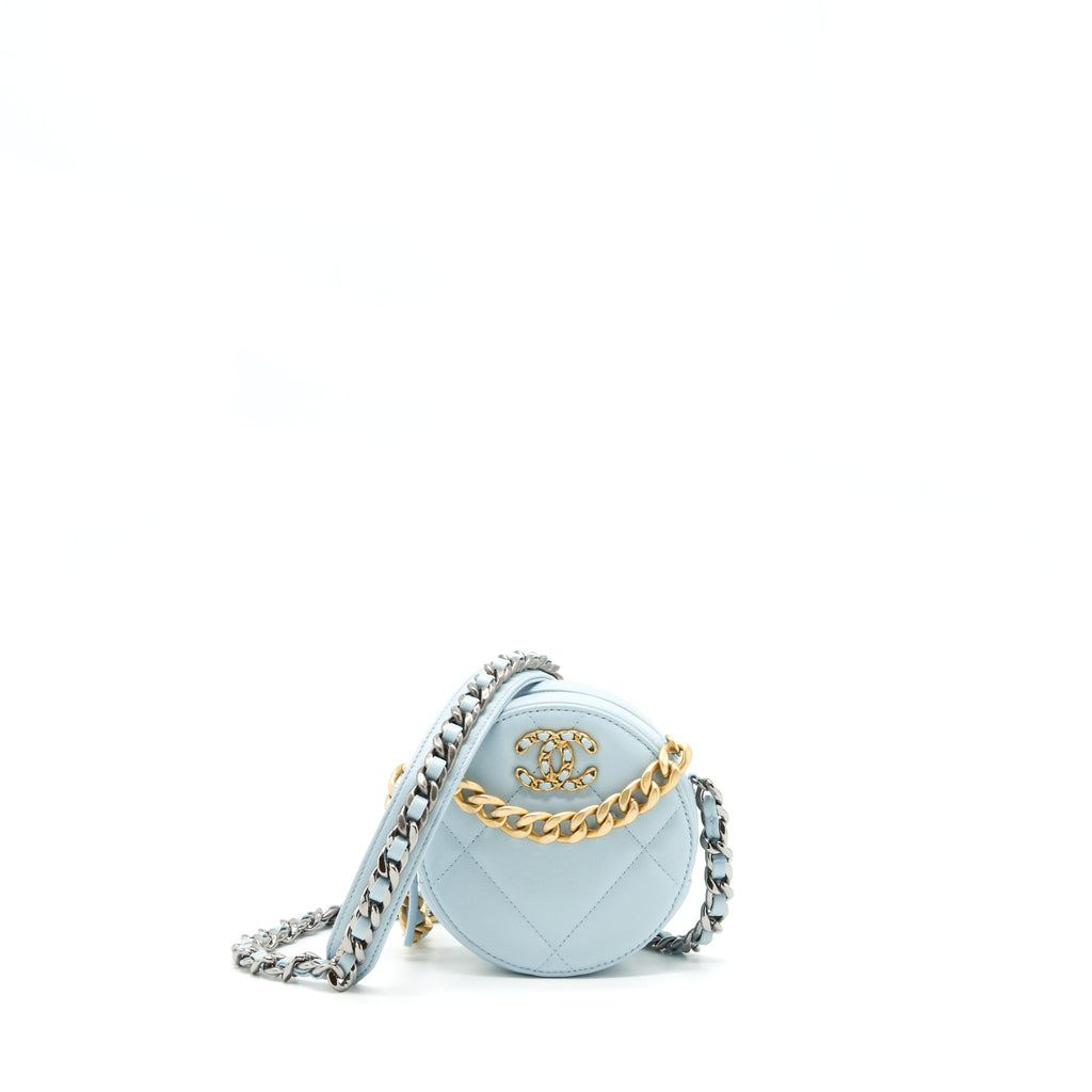 CHANEL 19 ROUND CLUTCH WITH CHAIN LAMBSKIN LIGHT BLUE