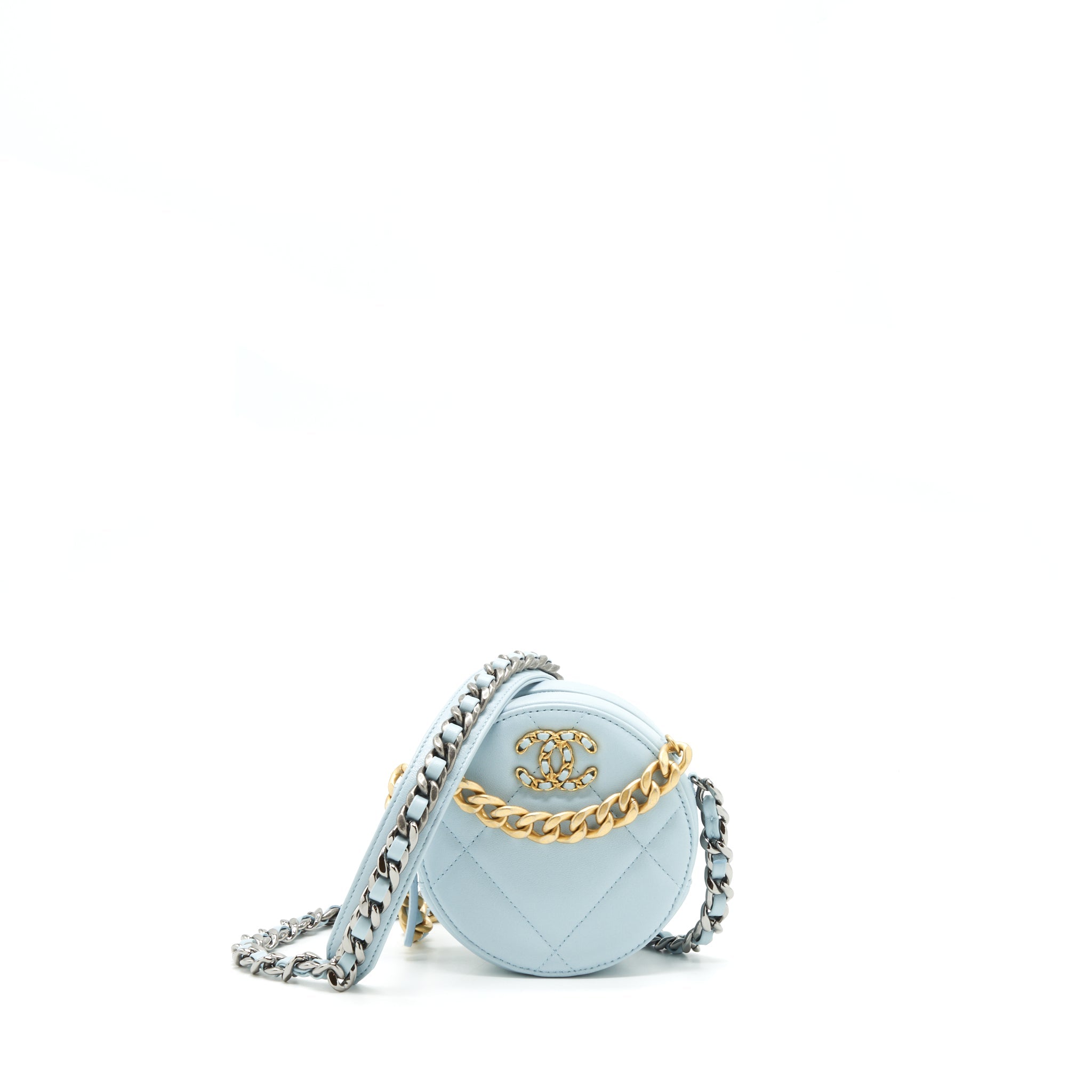 CHANEL 19 ROUND CLUTCH WITH CHAIN LAMBSKIN LIGHT BLUE