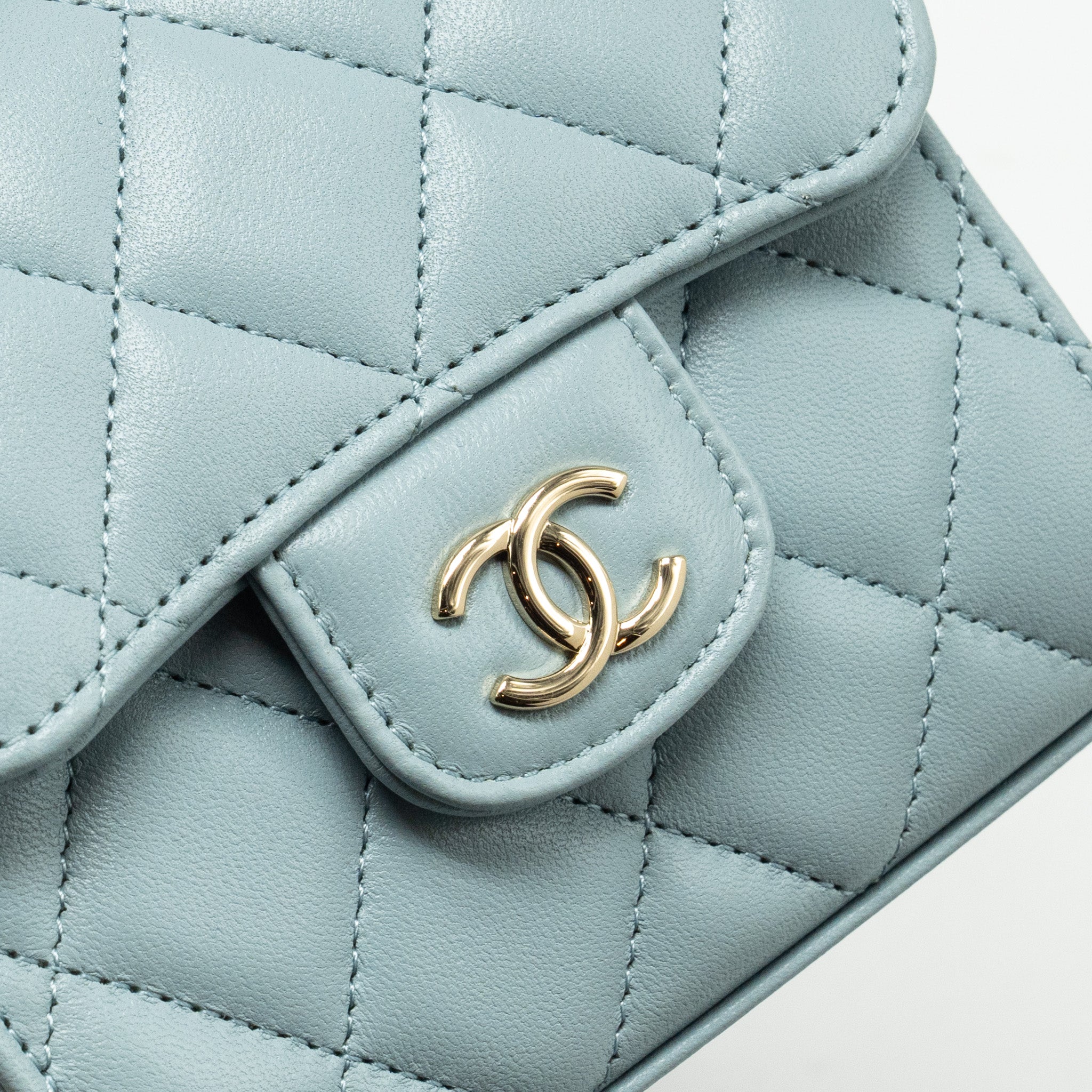 CHANEL TOP HANDLE MINI FLAP BAG LAMBSKIN LIGHT BLUE LGHW