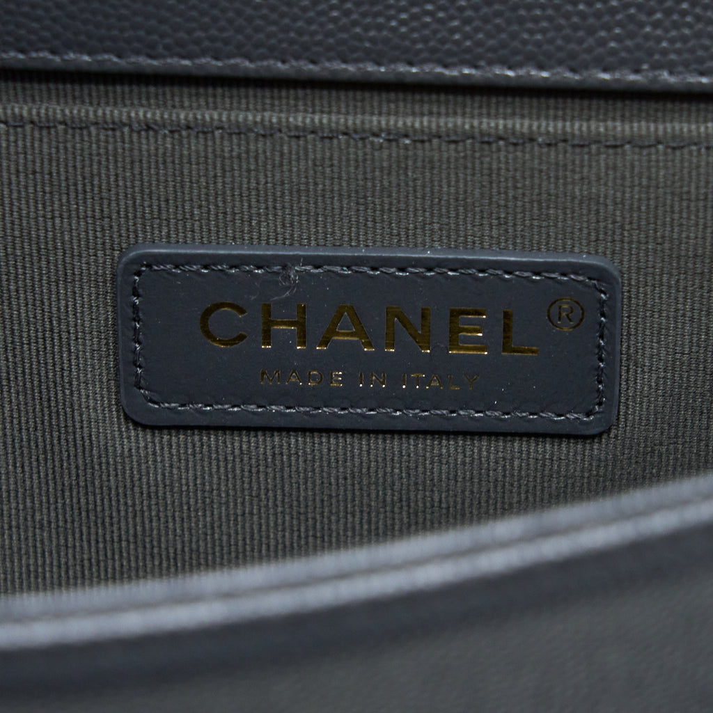 CHANEL SMALL BOY BAG CHEVRON CAVIAR DARK GREY BRUSHED GHW (MICROCHIP)