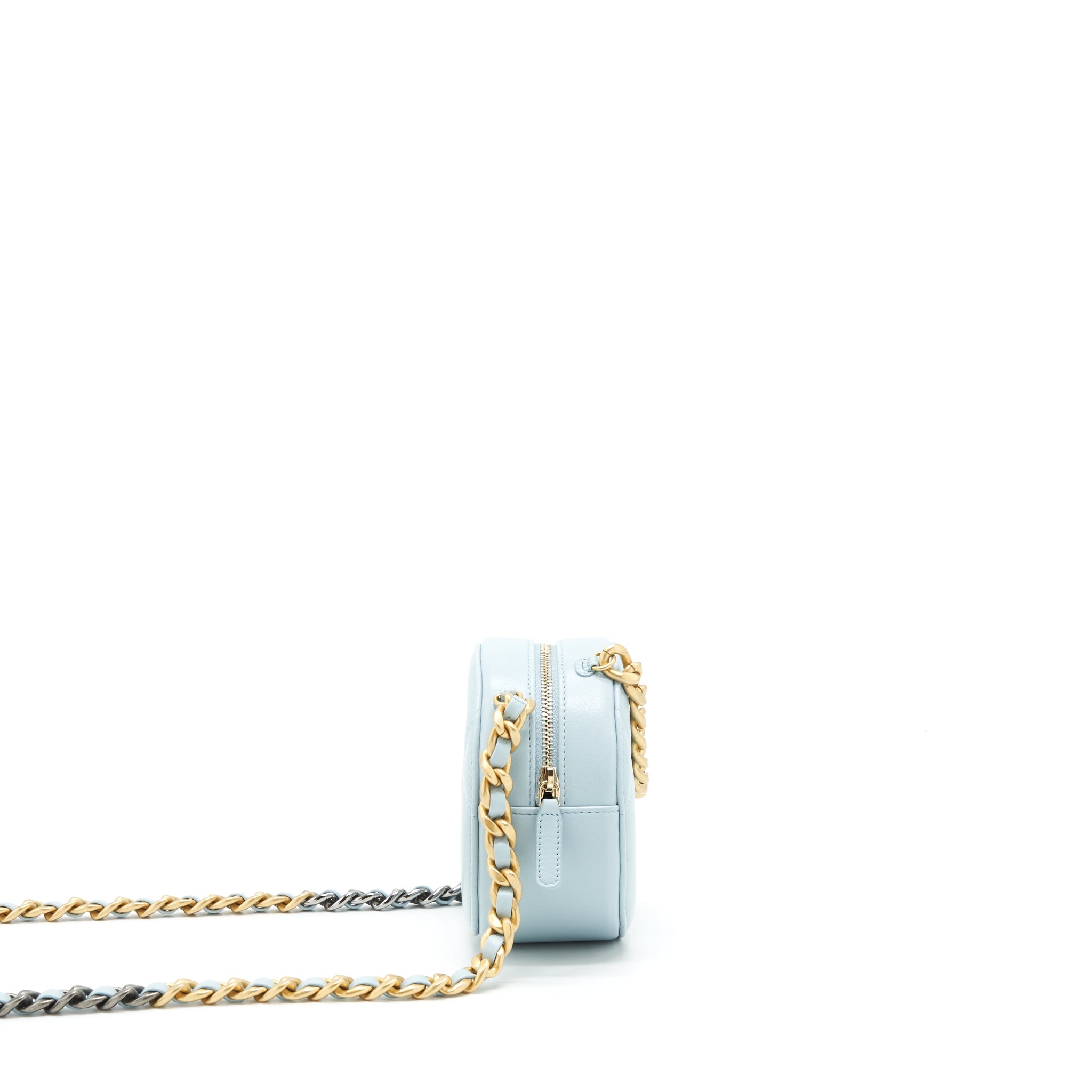 CHANEL 19 ROUND CLUTCH WITH CHAIN LAMBSKIN LIGHT BLUE