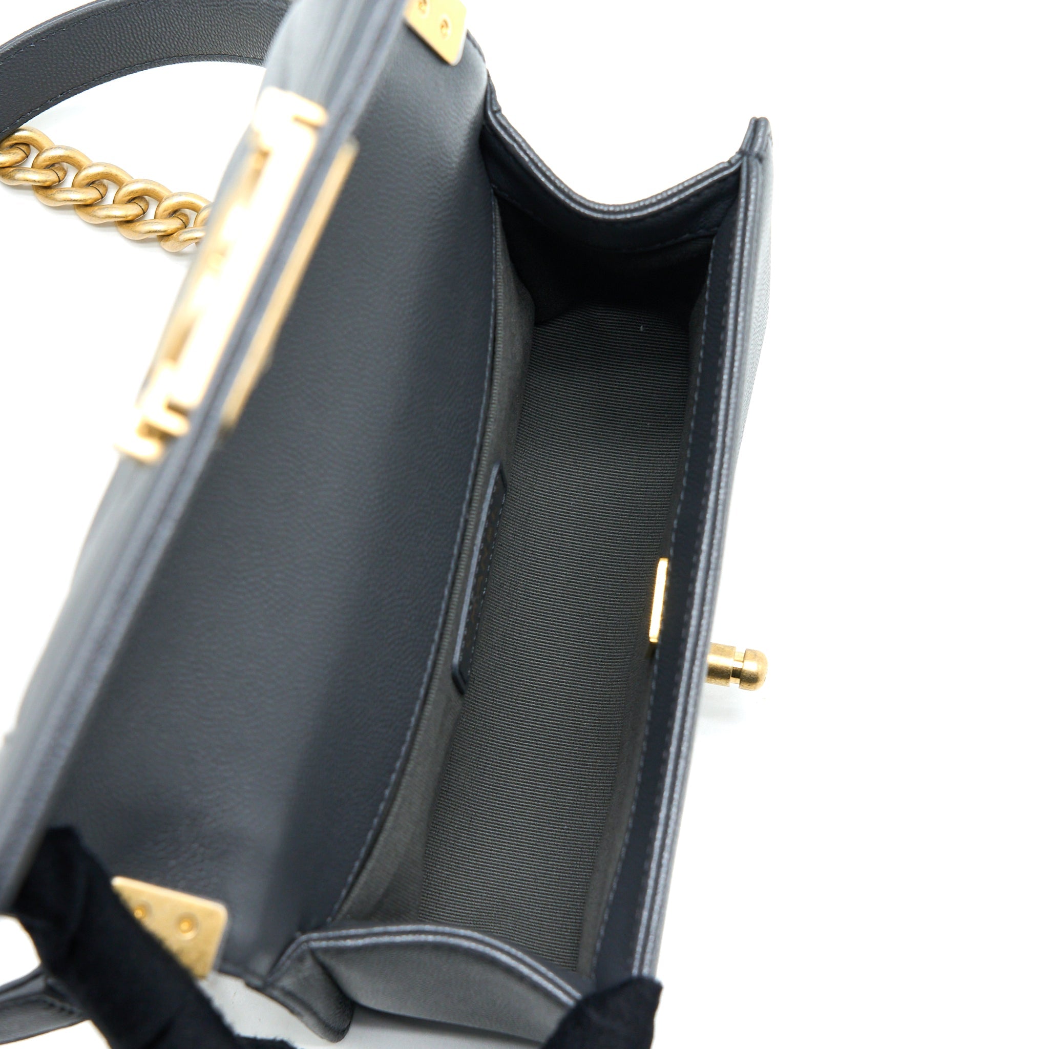 CHANEL SMALL BOY BAG CHEVRON CAVIAR DARK GREY BRUSHED GHW (MICROCHIP)