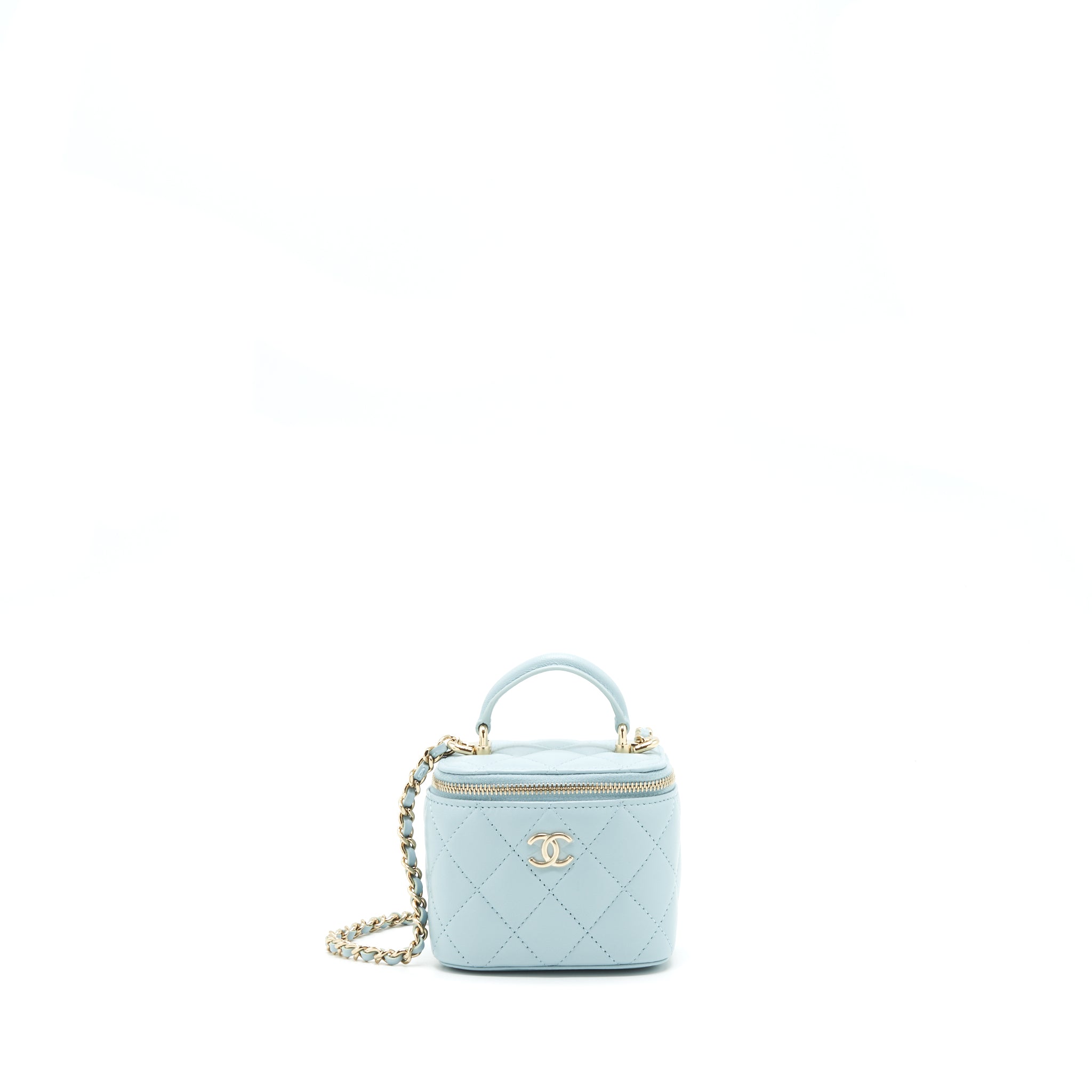 CHANEL 22P TOP HANDLE MINI VANITY WITH CHAIN LAMBSKIN NG752 LIGHT BLUE LGHW