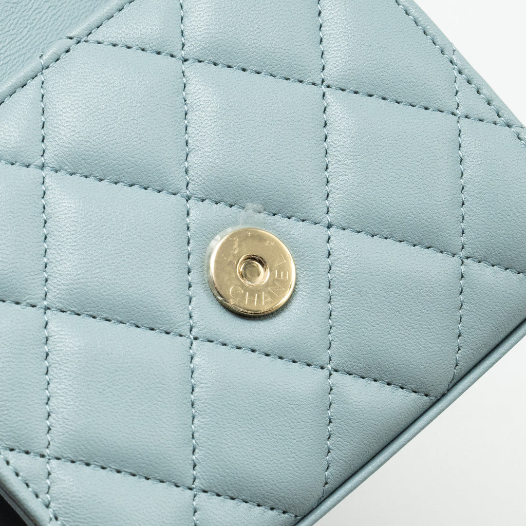 CHANEL TOP HANDLE MINI FLAP BAG LAMBSKIN LIGHT BLUE LGHW