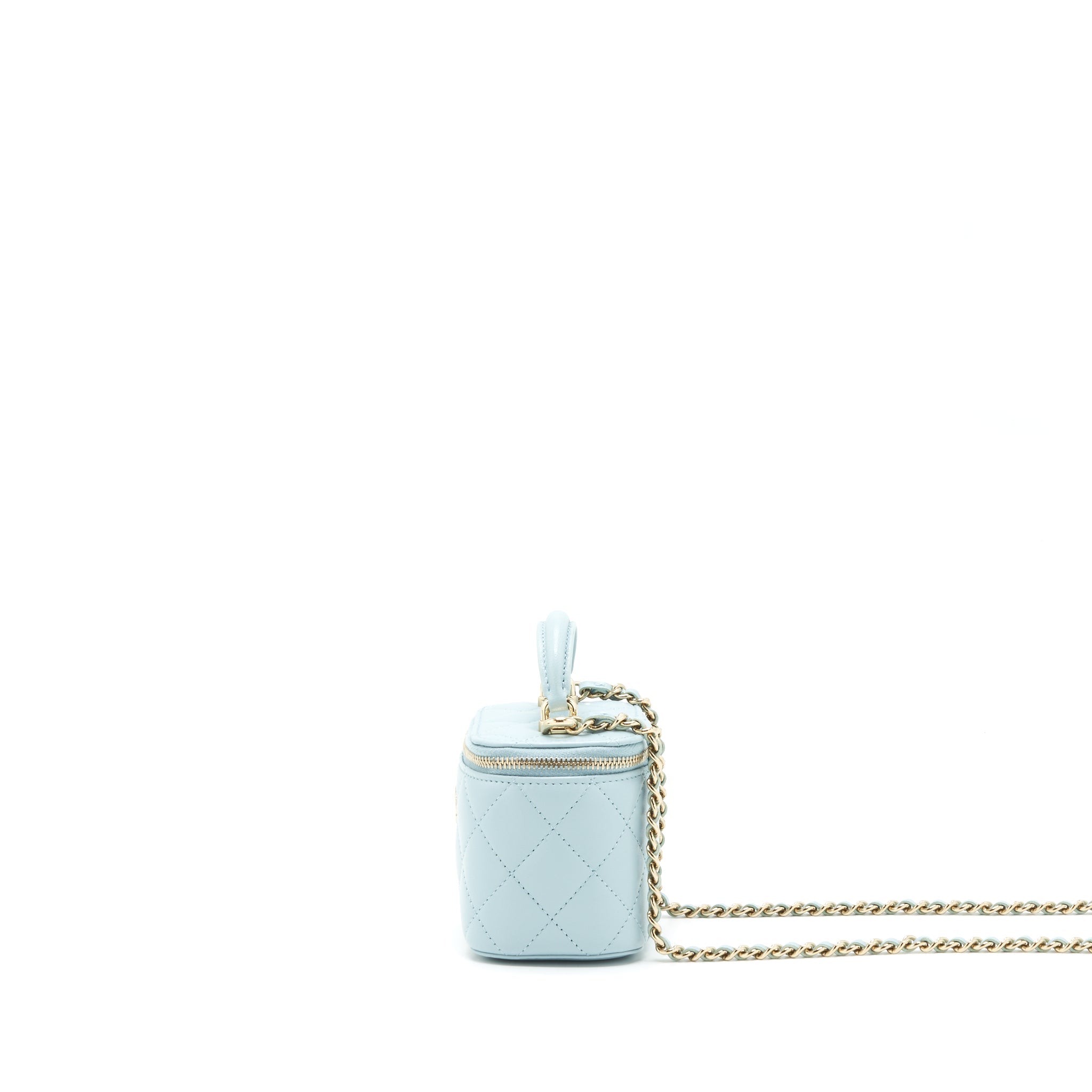 CHANEL 22P TOP HANDLE MINI VANITY WITH CHAIN LAMBSKIN NG752 LIGHT BLUE LGHW