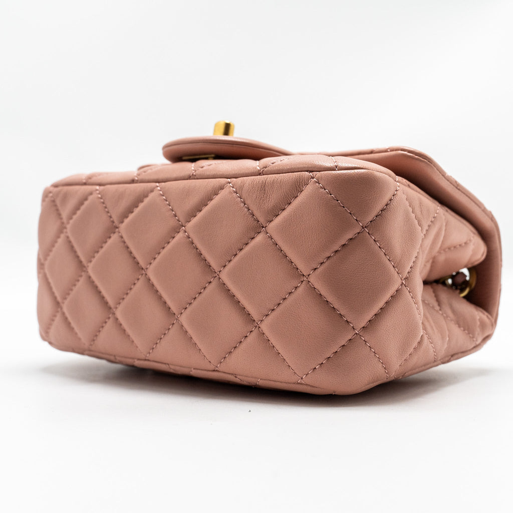 CHANEL PEARL CRUSH MINI SQUARE FLAP BAG LAMBSKIN PINK GHW(MICROCHIP)