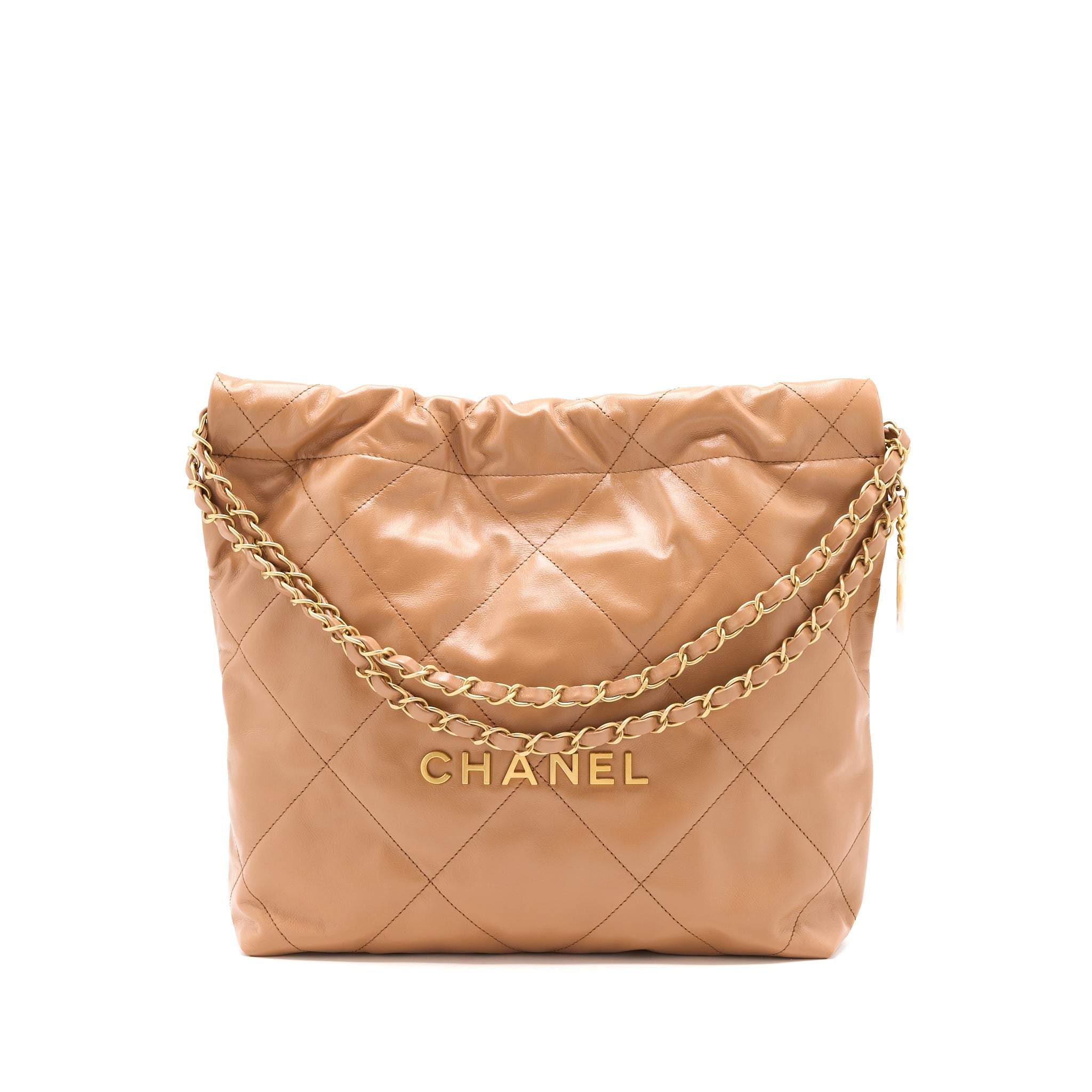 CHANEL SMALL 22 BAG SHINY CALFSKIN CARAMEL GHW (MICROCHIP)
