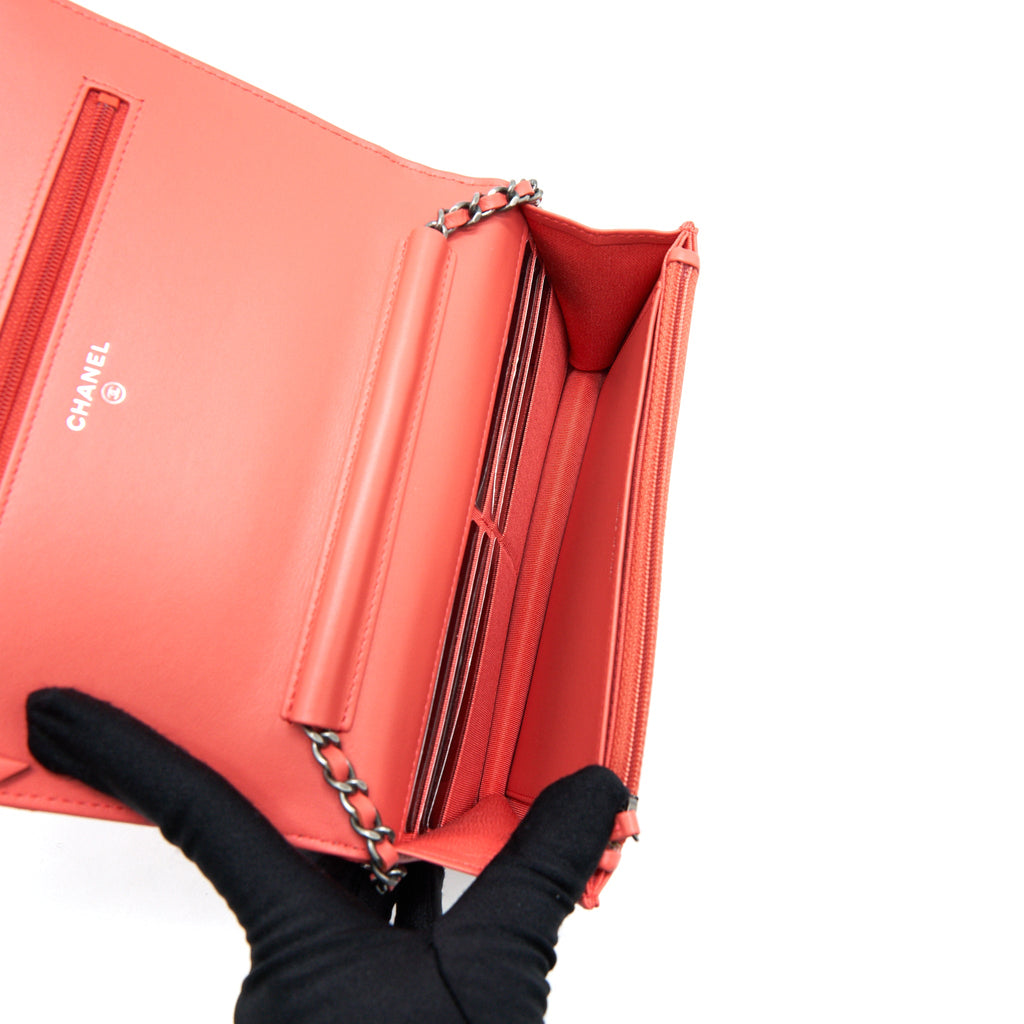 CHANEL WALLET ON CHAIN CORAL PINK DOUBLE COLOUR HARDWARE