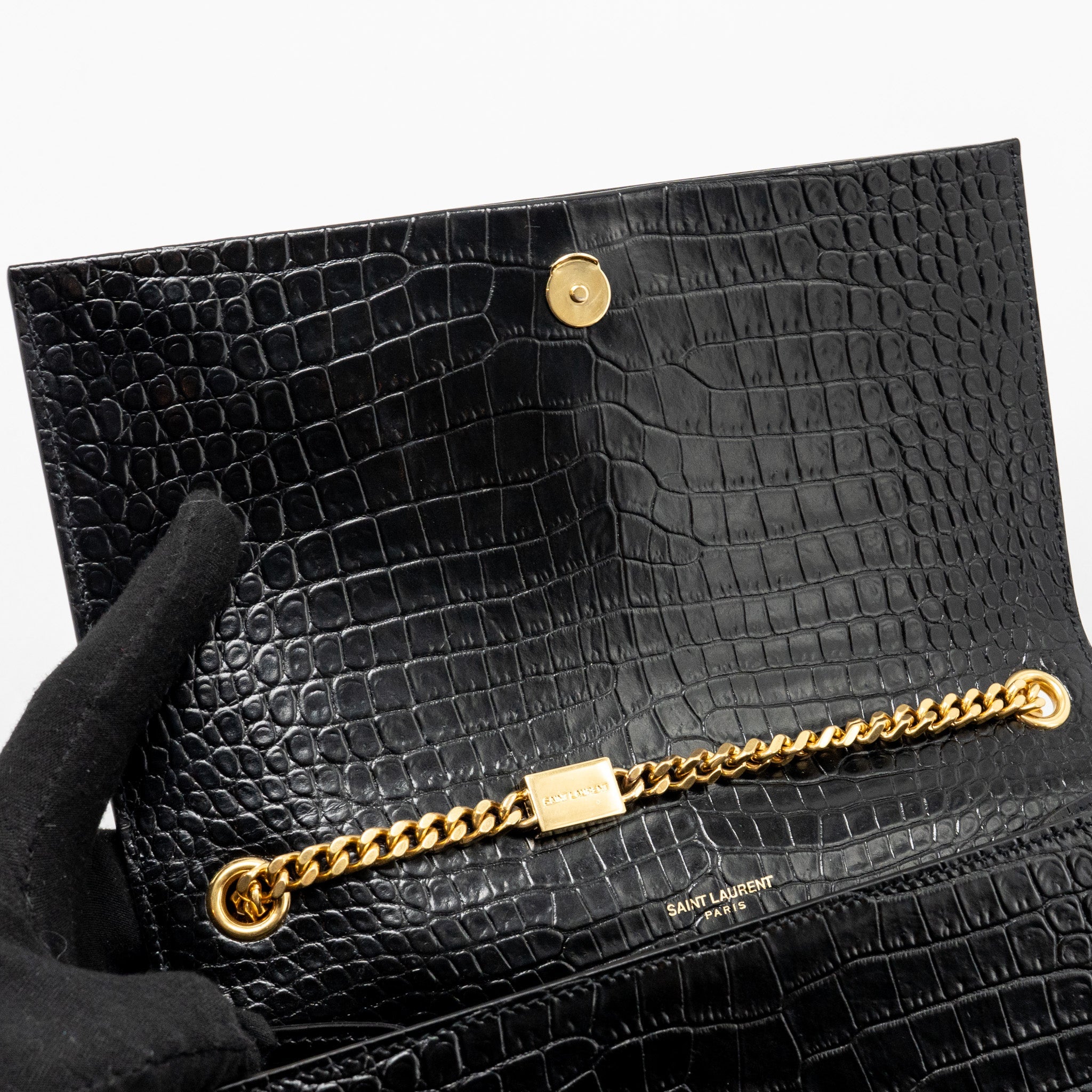 SAINT LAURENT/YSL MEDIUM KATE TASSEL BAG CROC-EMBOSSED CALFSKIN BLACK GHW