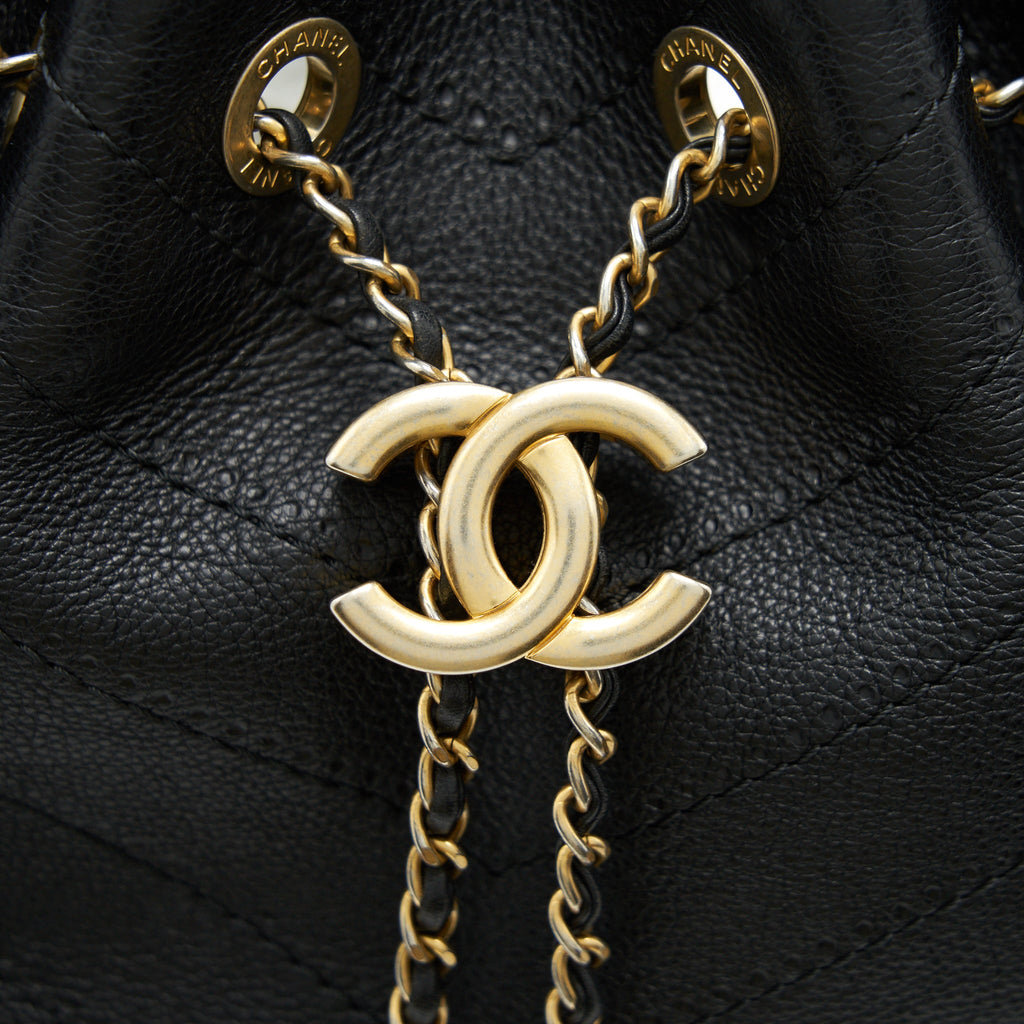 CHANEL CHEVRON BUCKET BAG GRAINED CALFSKIN BLACK GHW