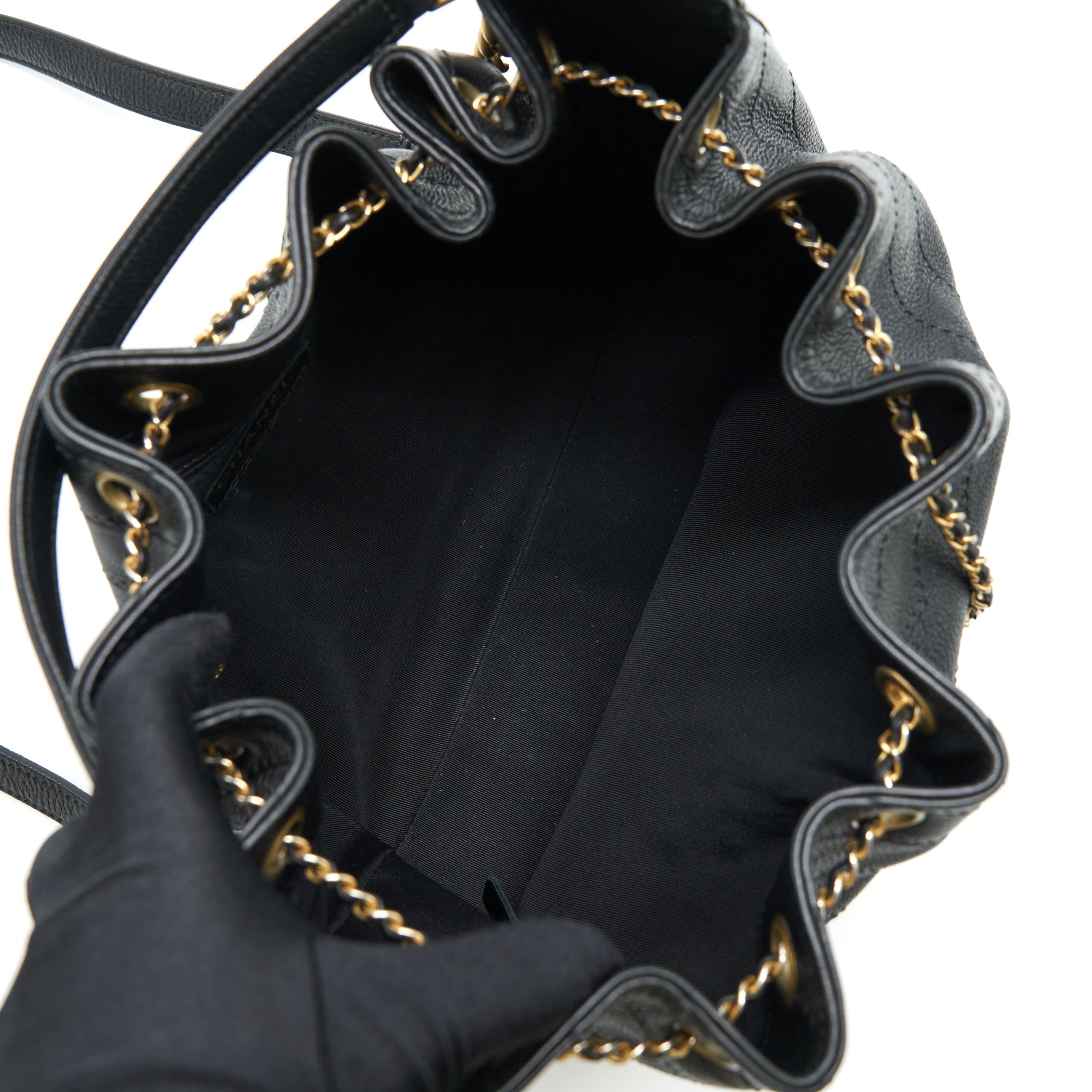 CHANEL CHEVRON BUCKET BAG GRAINED CALFSKIN BLACK GHW