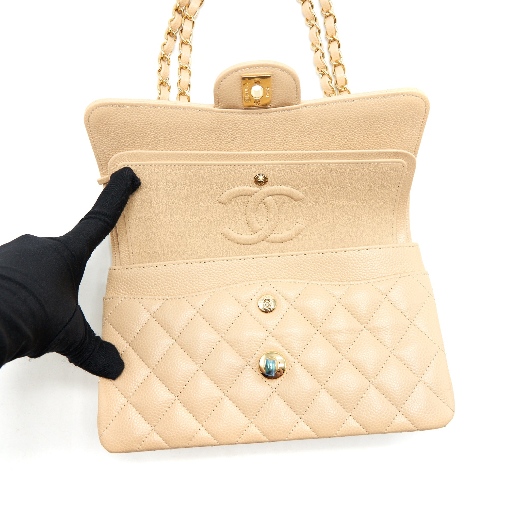 CHANEL SMALL CLASSIC DOUBLE FLAP BAG CAVIAR BEIGE GHW